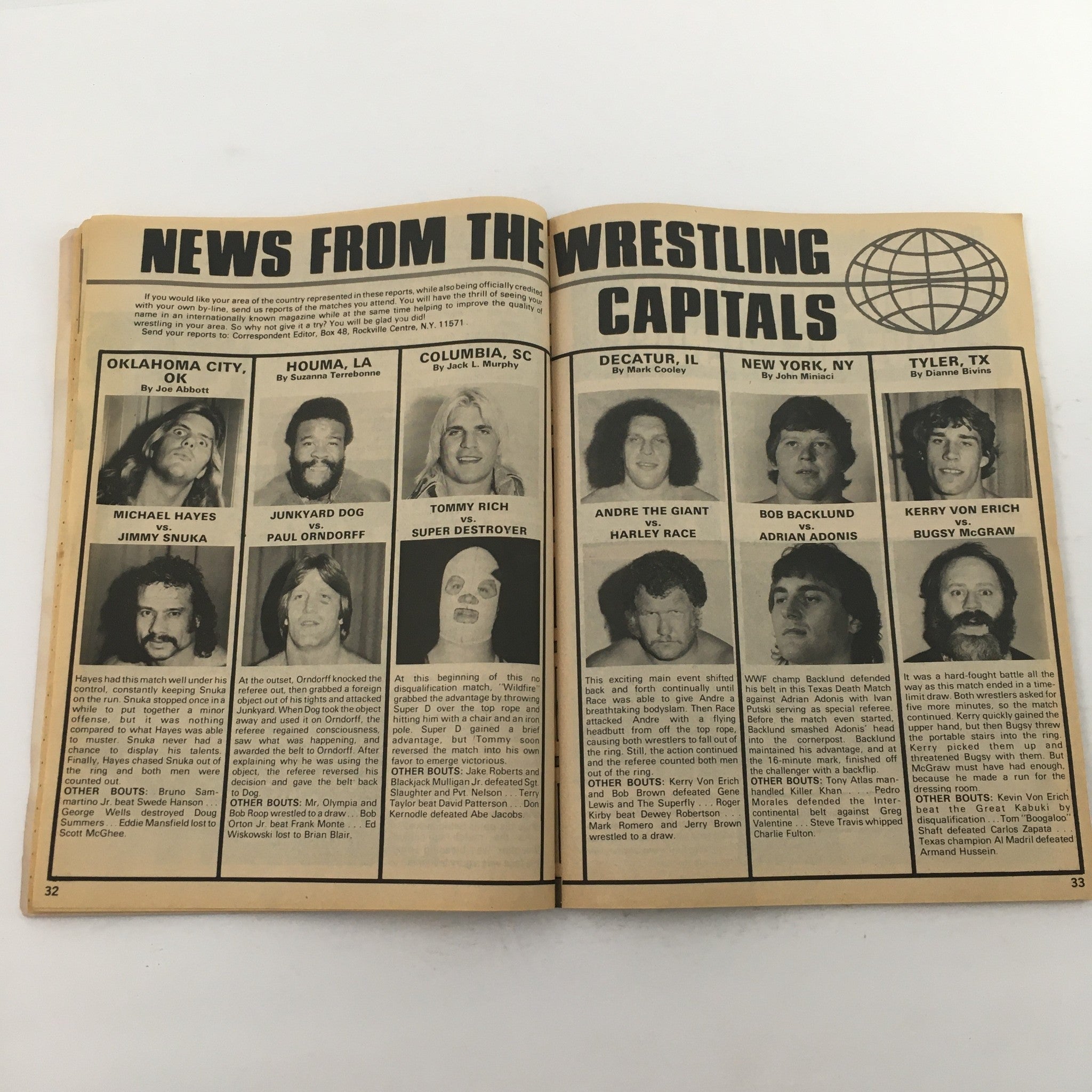 Inside Wrestling Magazine June 1982 news section featuring images of prominent wrestlers Andre the Giant and Harley Race, discussing wrestling events across various locations.