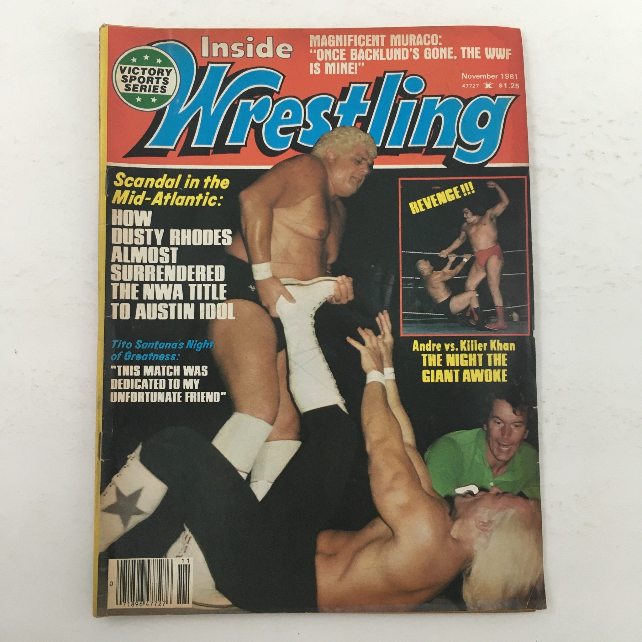 Inside Wrestling Magazine cover from November 1981 featuring Andre the Giant facing off against Killer Khan, highlighted by colorful text and graphics.