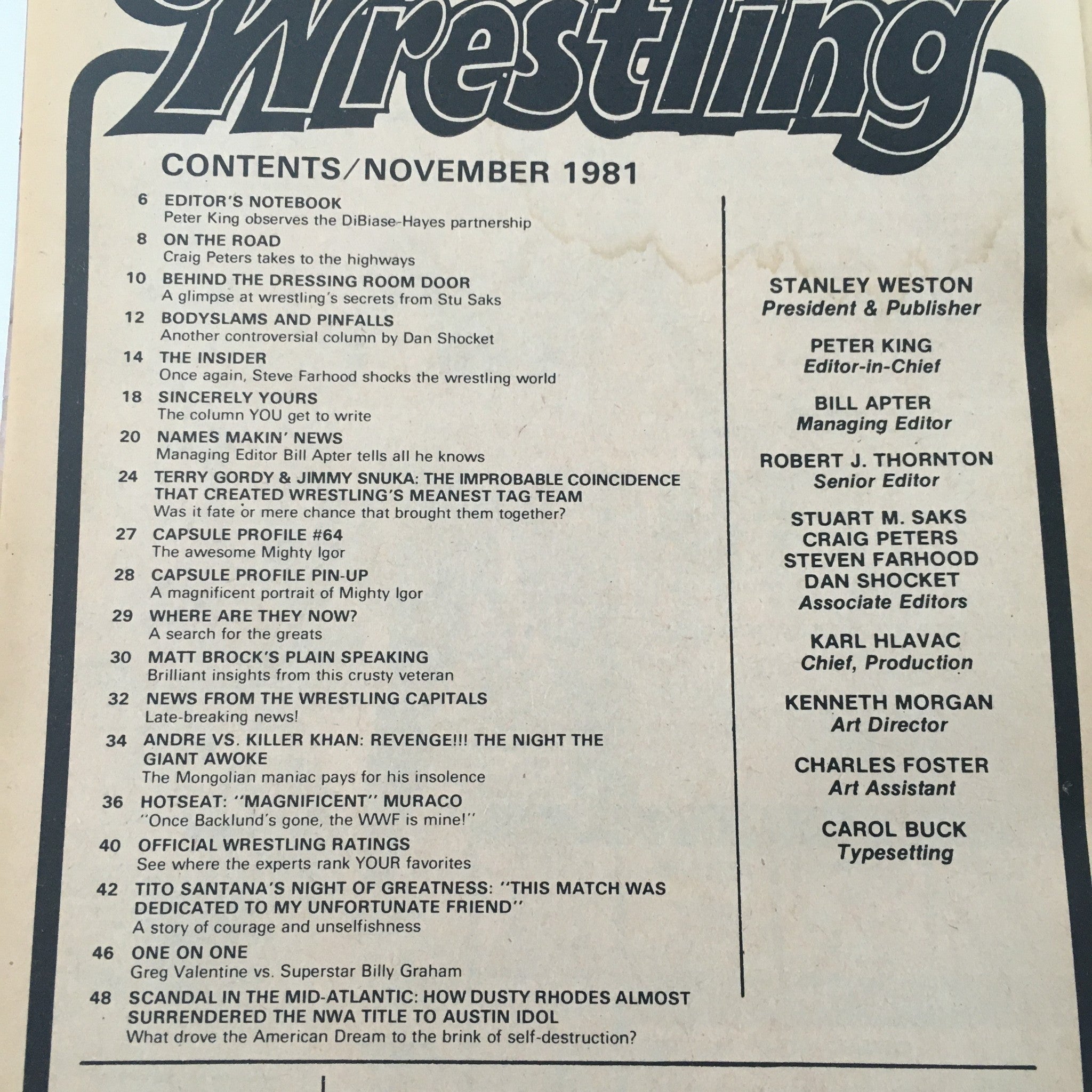 Table of contents for Inside Wrestling Magazine, November 1981, listing articles including the feature match between Andre the Giant and Killer Khan.