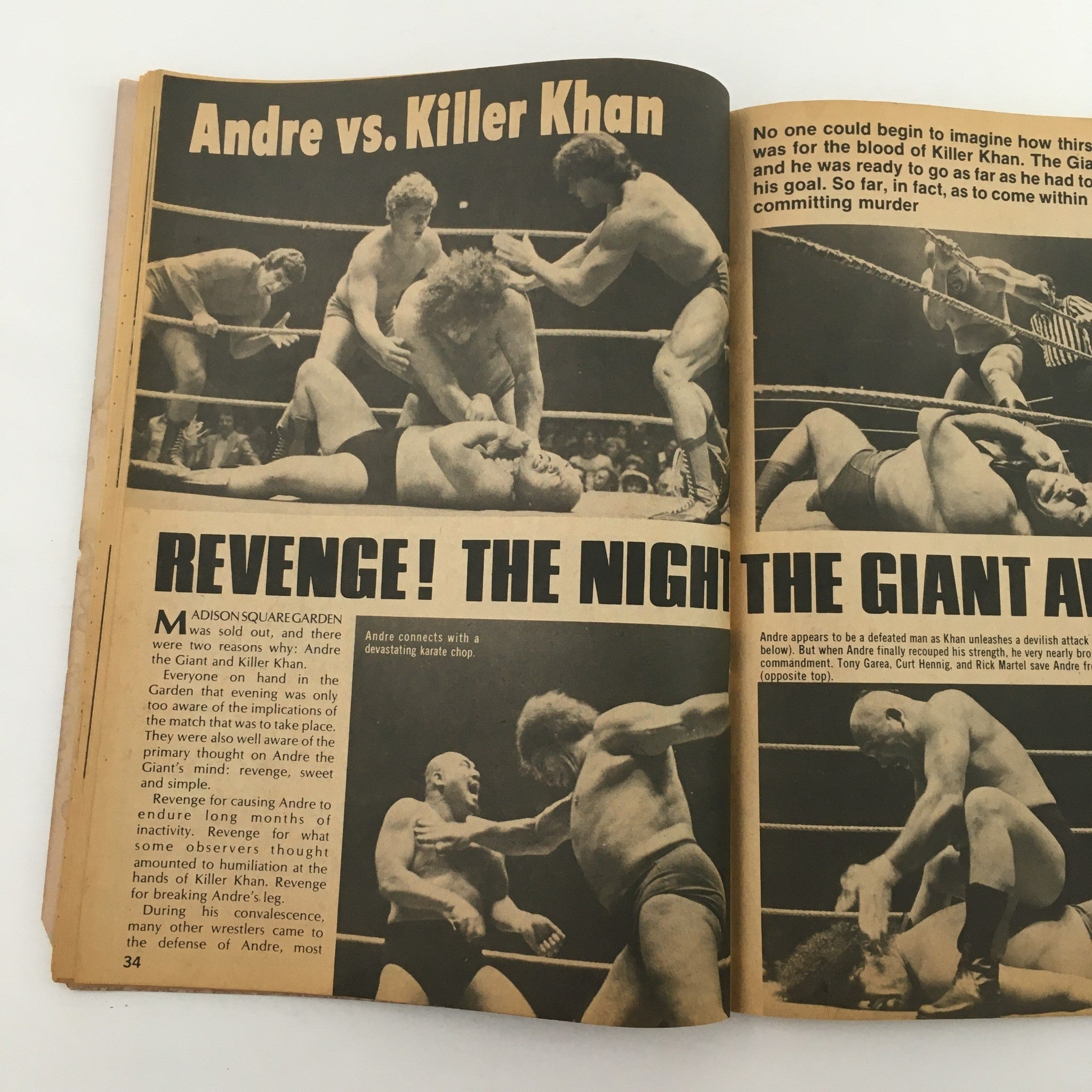 Inside pages of Inside Wrestling Magazine from November 1981 detailing the match between Andre the Giant and Killer Khan, providing insights and dramatic visuals.