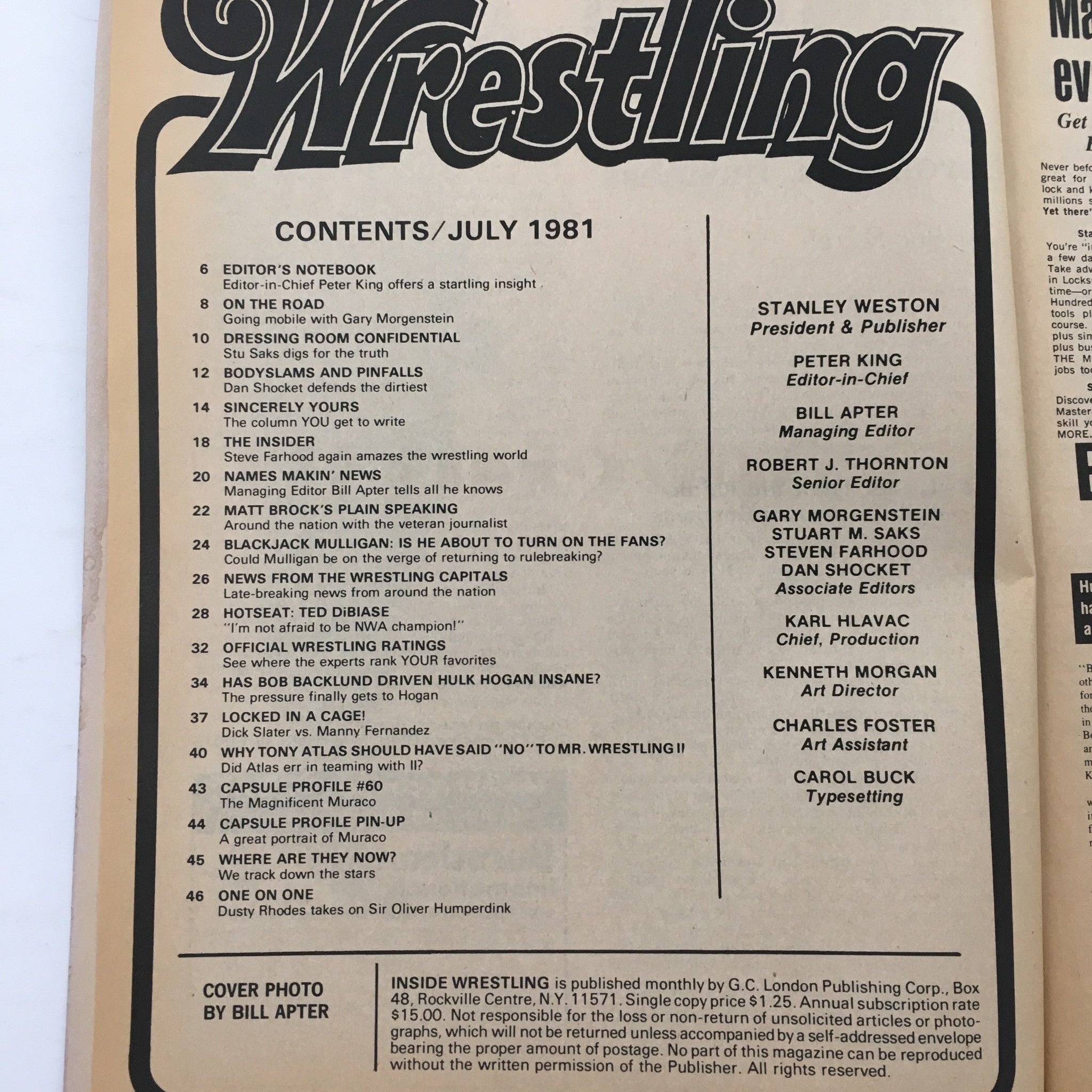 Contents page of Inside Wrestling Magazine July 1981 showcasing articles and features including Bob Buckland vs. Hulk Hogan.