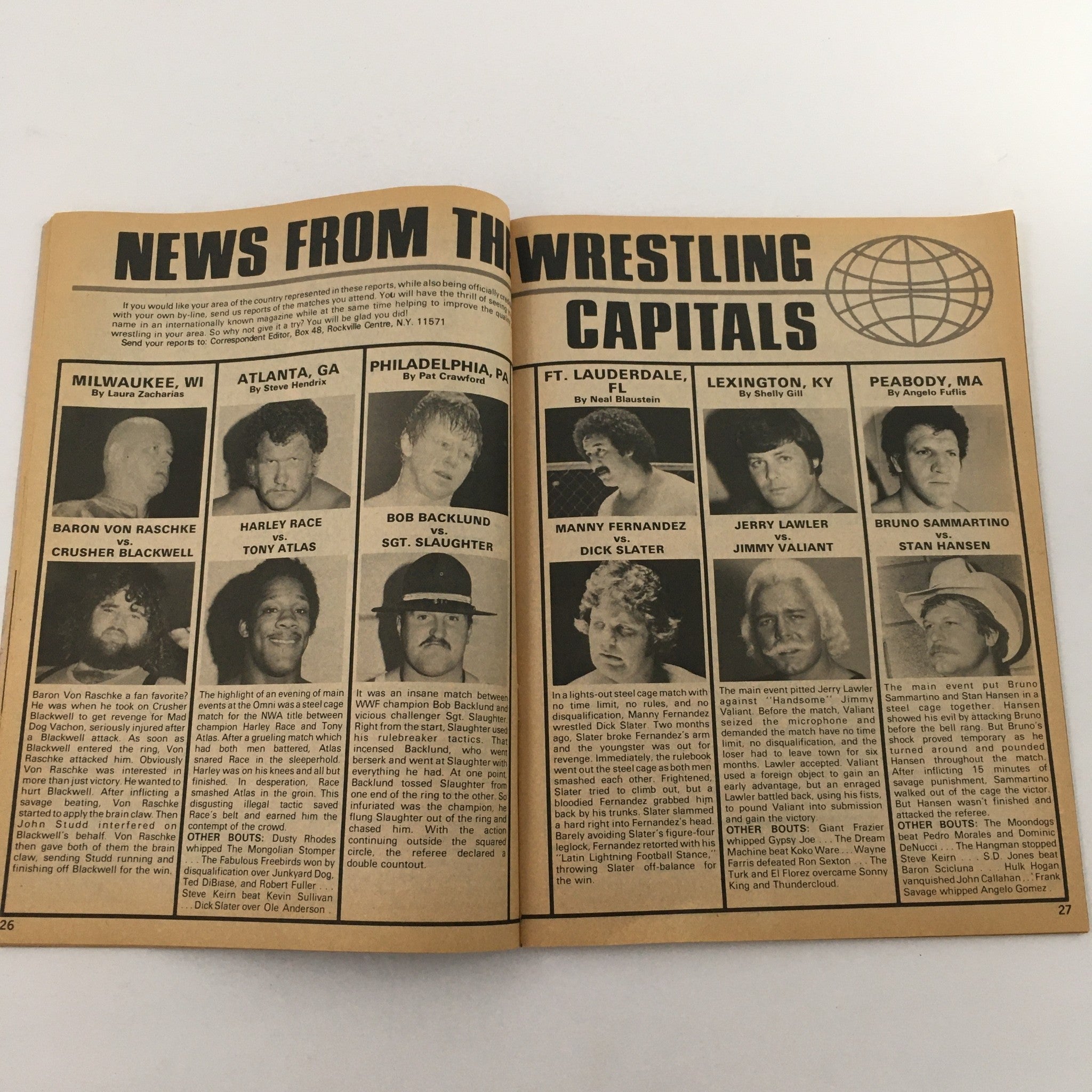 News from the Wrestling Capitals section in Inside Wrestling Magazine July 1981, detailing match-ups including Bob Buckland.