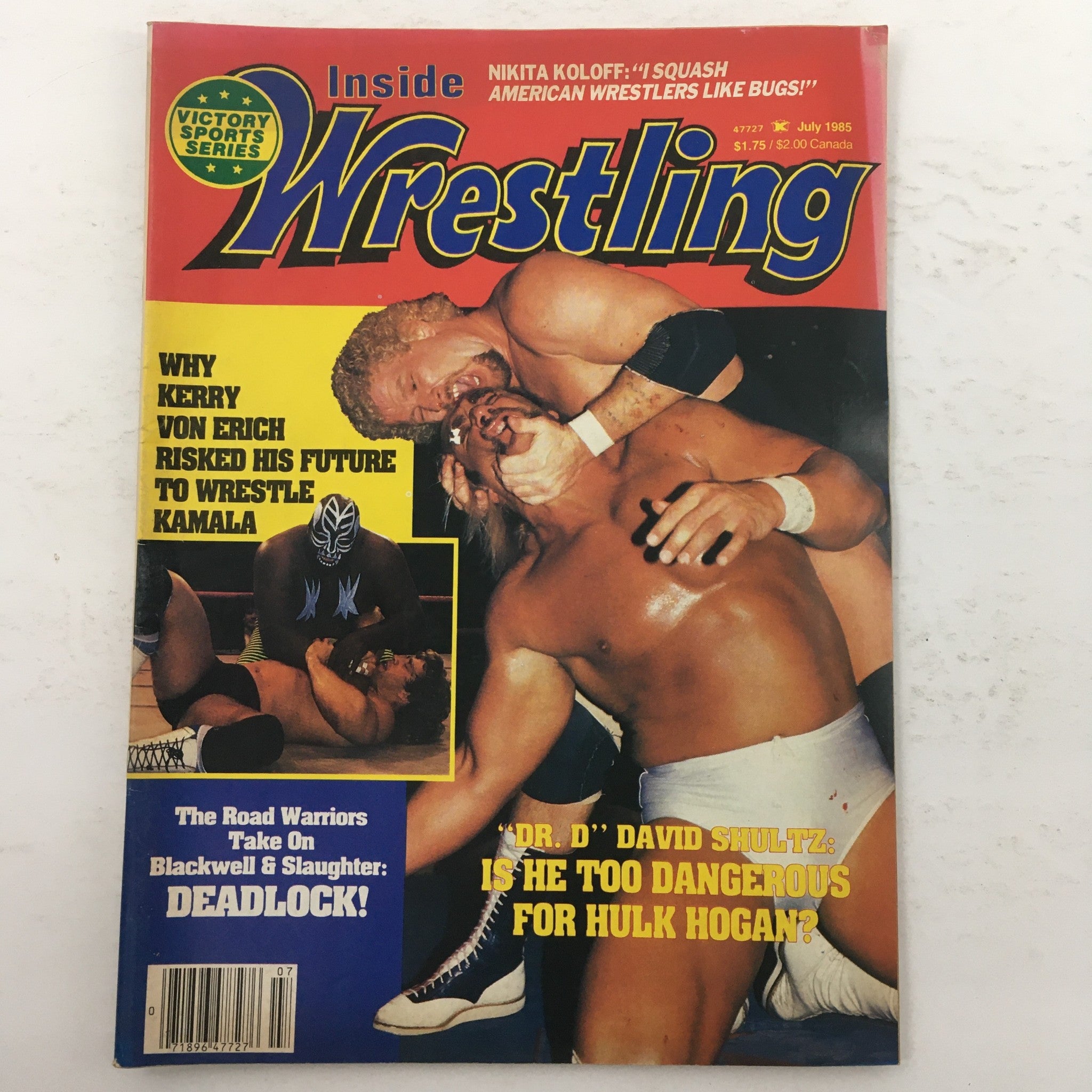 Cover of Inside Wrestling Magazine July 1985 featuring a wrestling match with Hulk Hogan and other wrestlers, highlighting the golden era of professional wrestling.