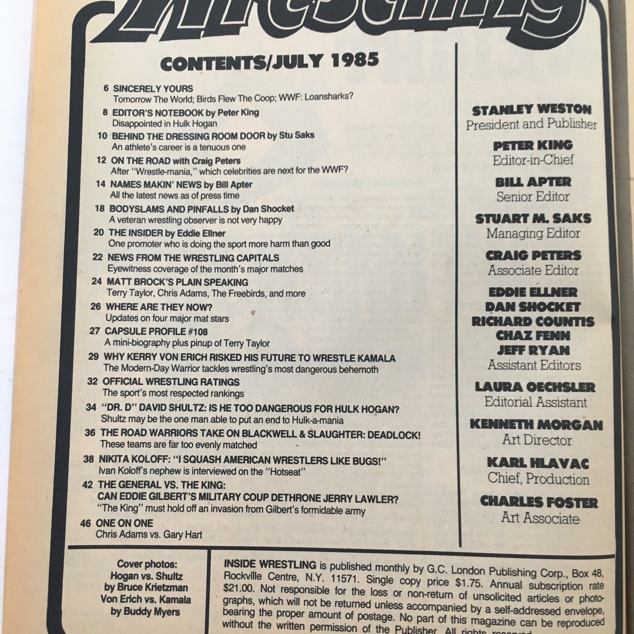 Contents page of Inside Wrestling Magazine July 1985 listing articles, topics, and features aimed at wrestling enthusiasts during the peak of wrestling popularity.