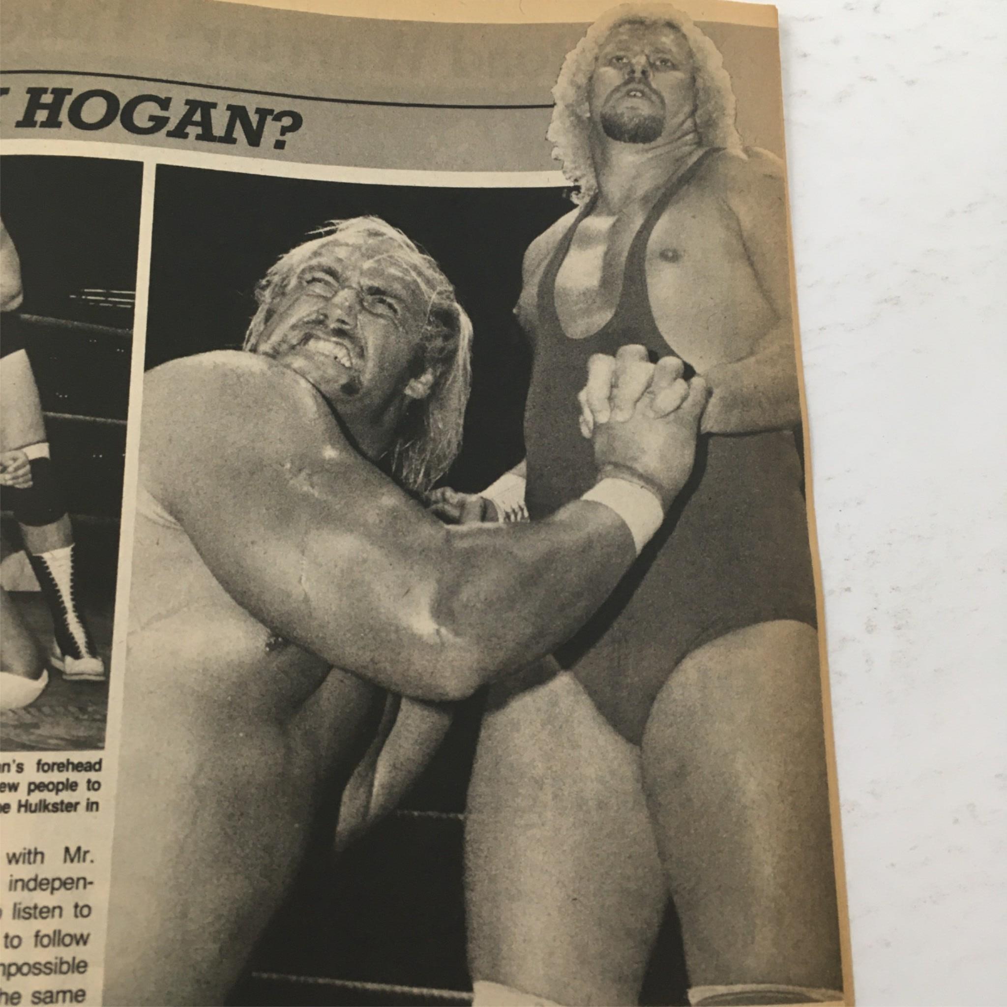 Black and white image from Inside Wrestling Magazine July 1985 featuring Hulk Hogan in a wrestling match, capturing the intensity of the sport.