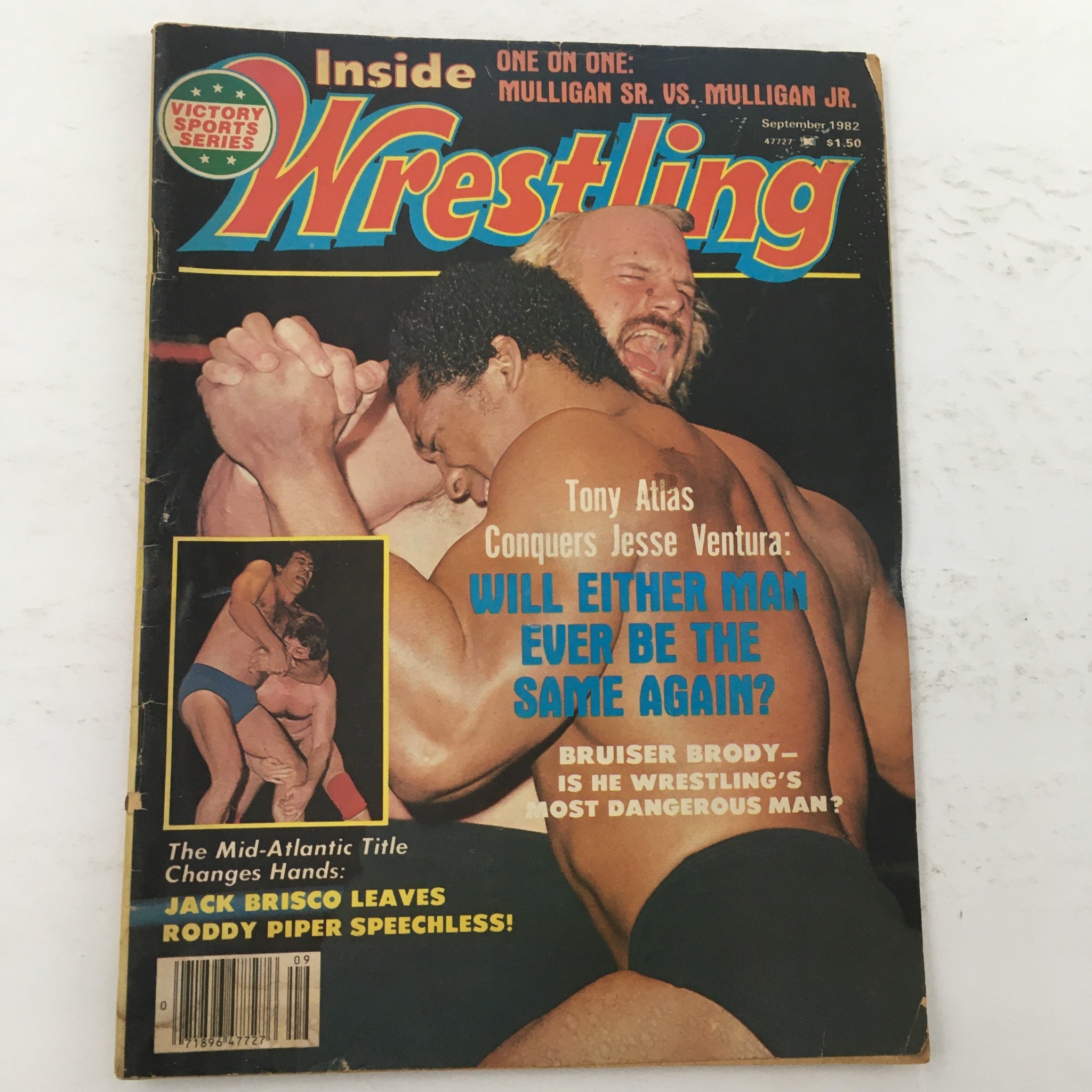 Cover of Inside Wrestling Magazine September 1982 featuring Tony Atlas conquering Jesse Ventura, showcasing a wrestling match scene and vibrant graphics.