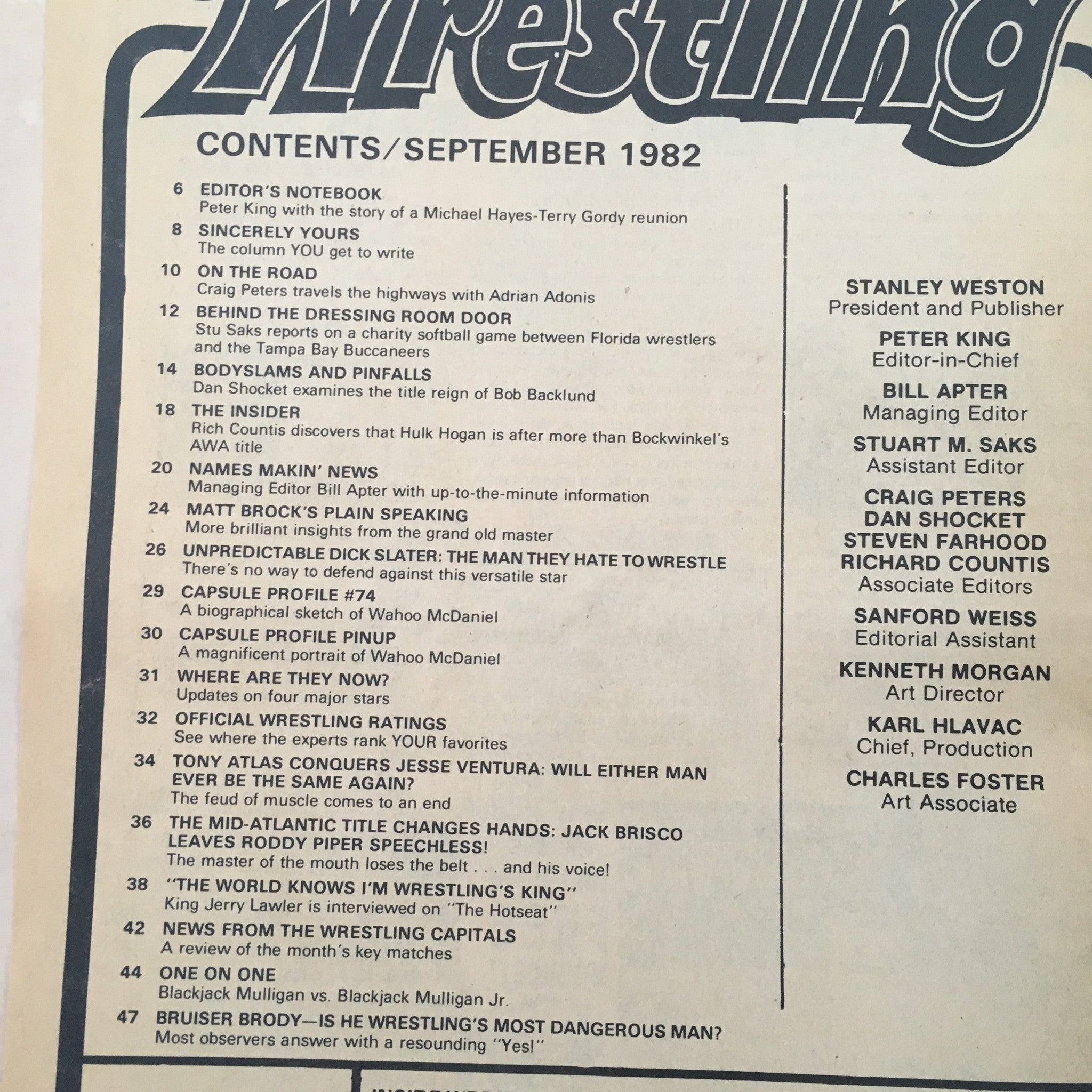 Contents page of Inside Wrestling Magazine September 1982, featuring headlines and article titles including a feature on Tony Atlas and Jesse Ventura.