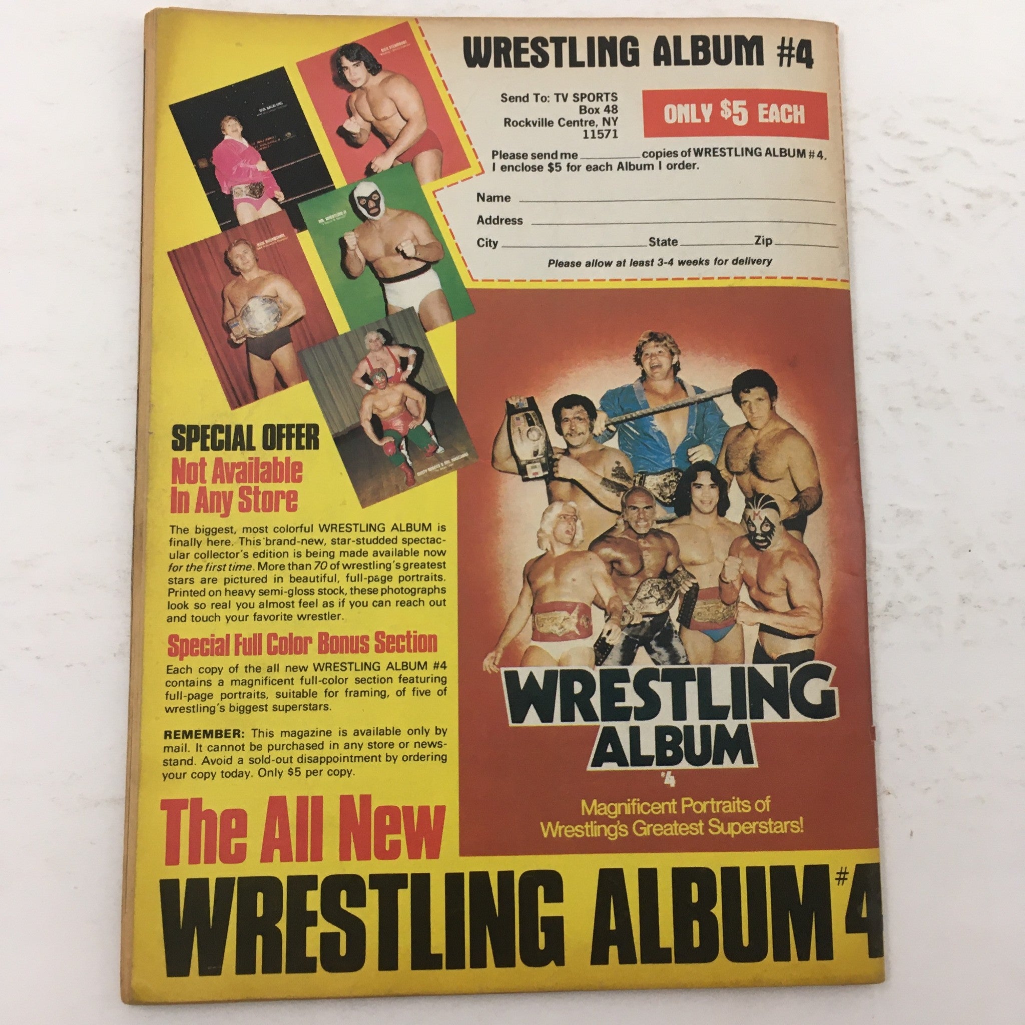 Back cover of Wrestling Album #4 advertisement, promoting a special offer with colorful portraits of wrestling superstars.