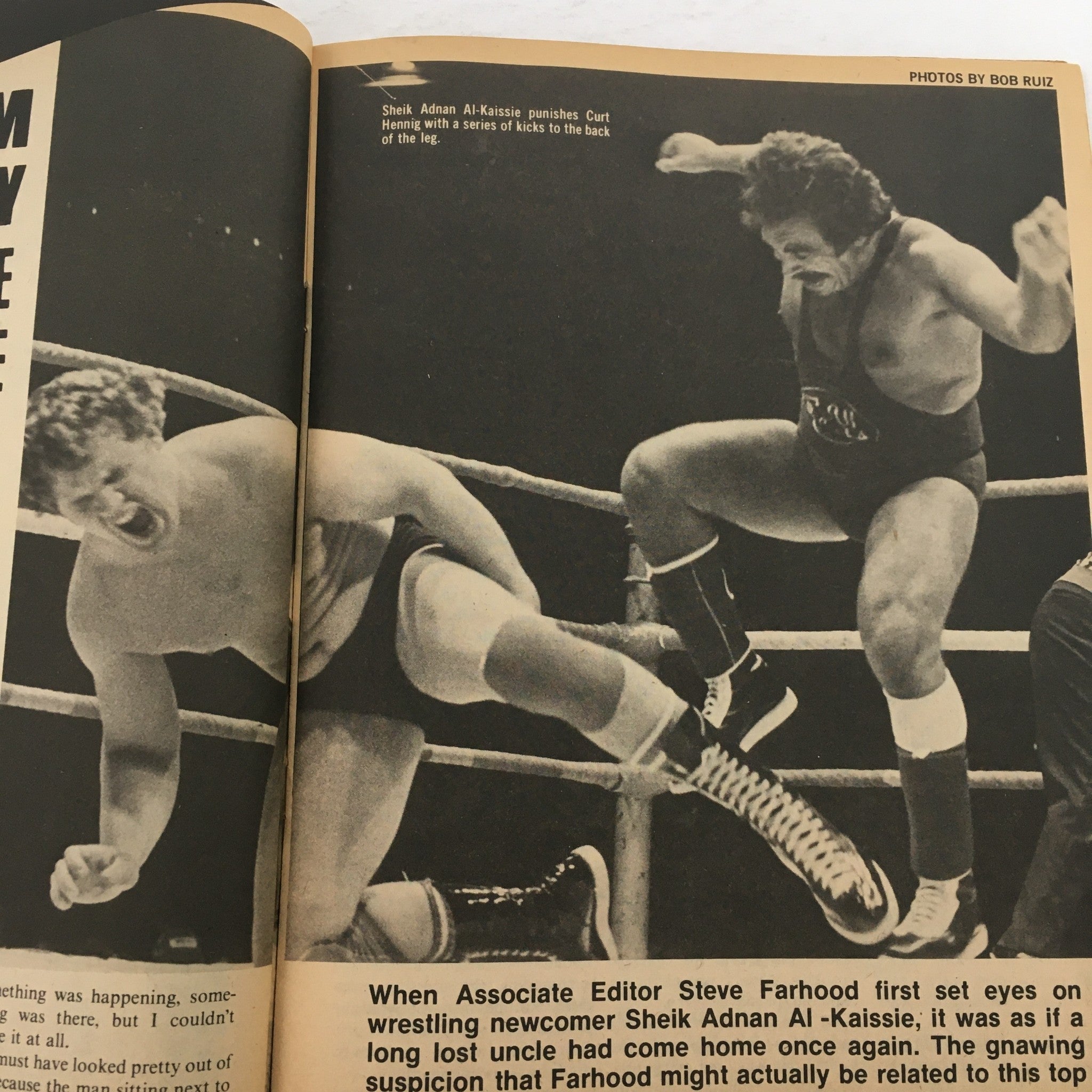 Image from The Wrestler Magazine November 1981 depicting Sheik Adnan Al-Kaissie punishing Curt Henning in the ring, capturing the intensity of matches during this historic wrestling publication.