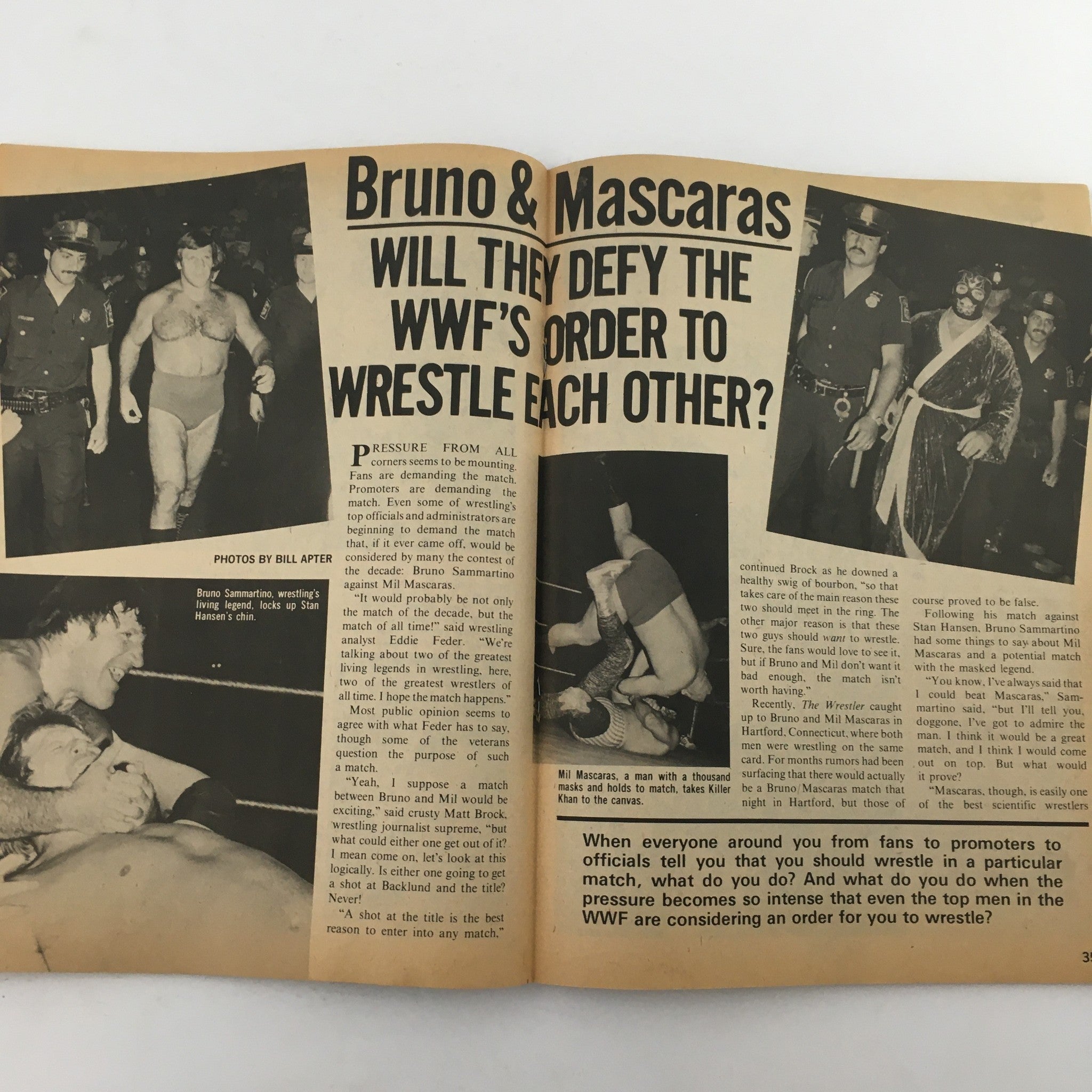 Article page from The Wrestler Magazine November 1981 discussing the potential match between Bruno Sammartino and Mil Mascaras, addressing fan demands and the significance of the WWF's orders.