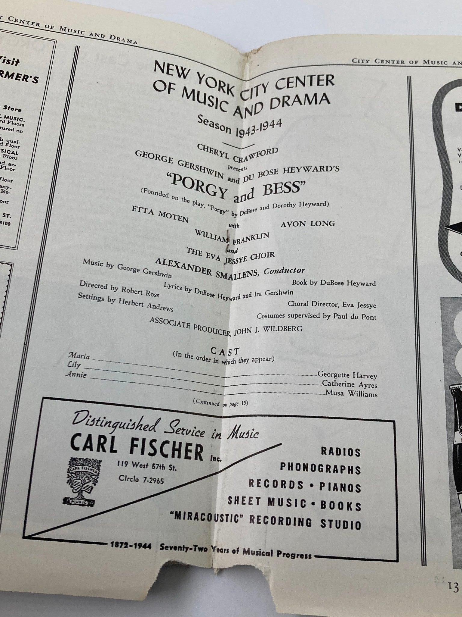 1943 Program New York City Center George Gershwin in Porgy and Bess