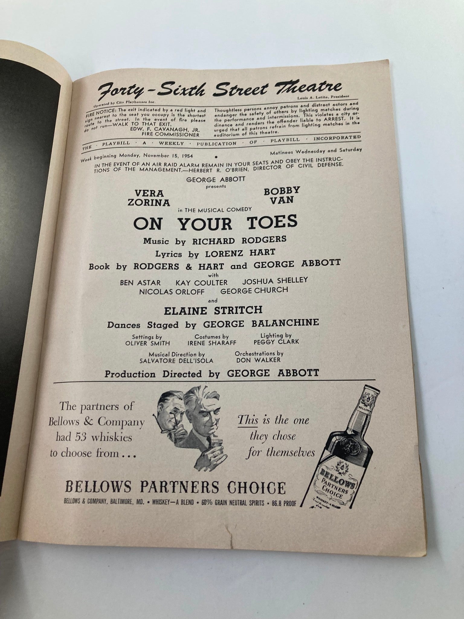 1954 Playbill 46th Street Theatre Vera Zorina & Bobby Van in On Your Toes