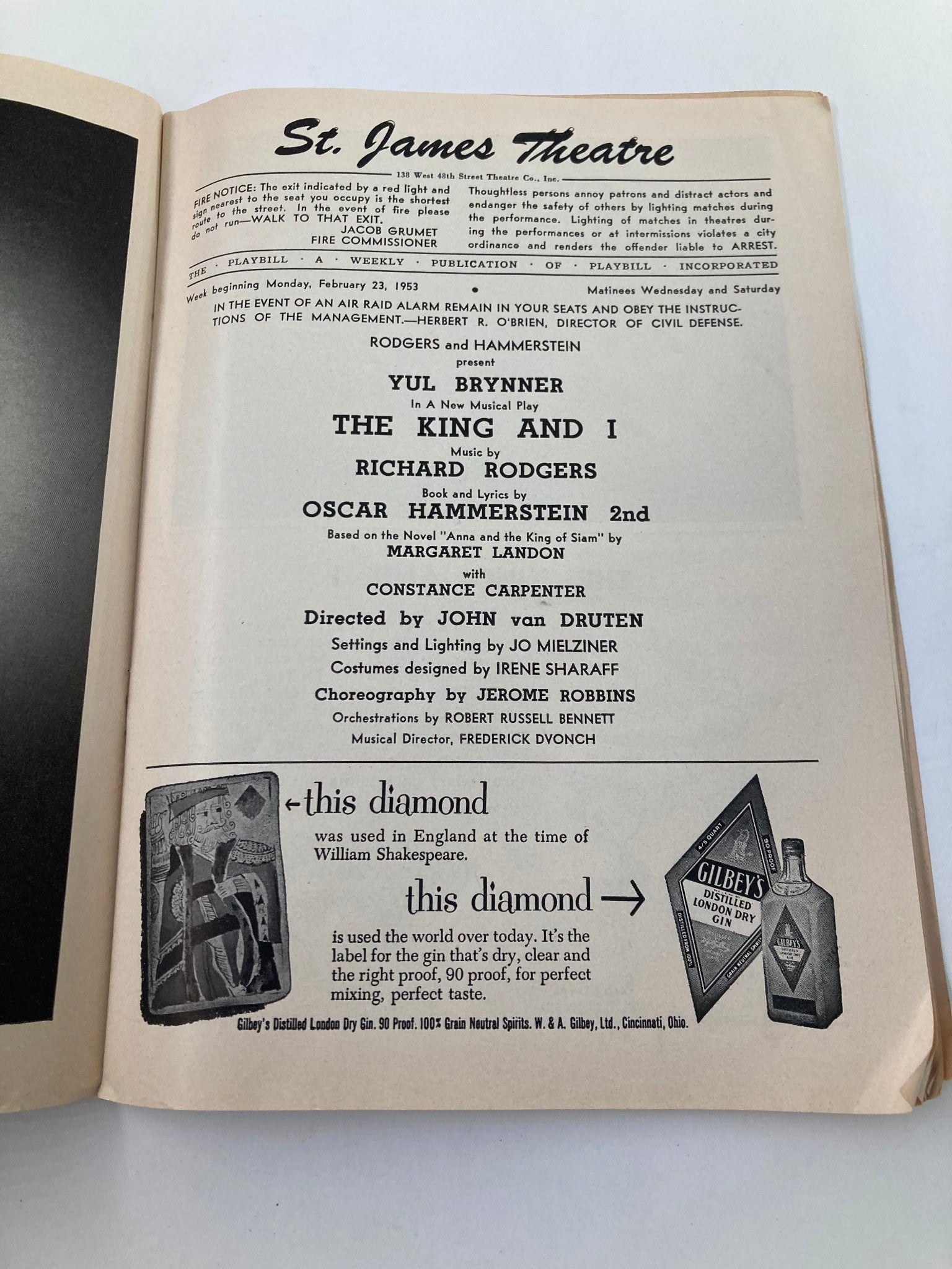 1953 Playbill St. James Theatre Yul Brynner in The King and I by John van Druten