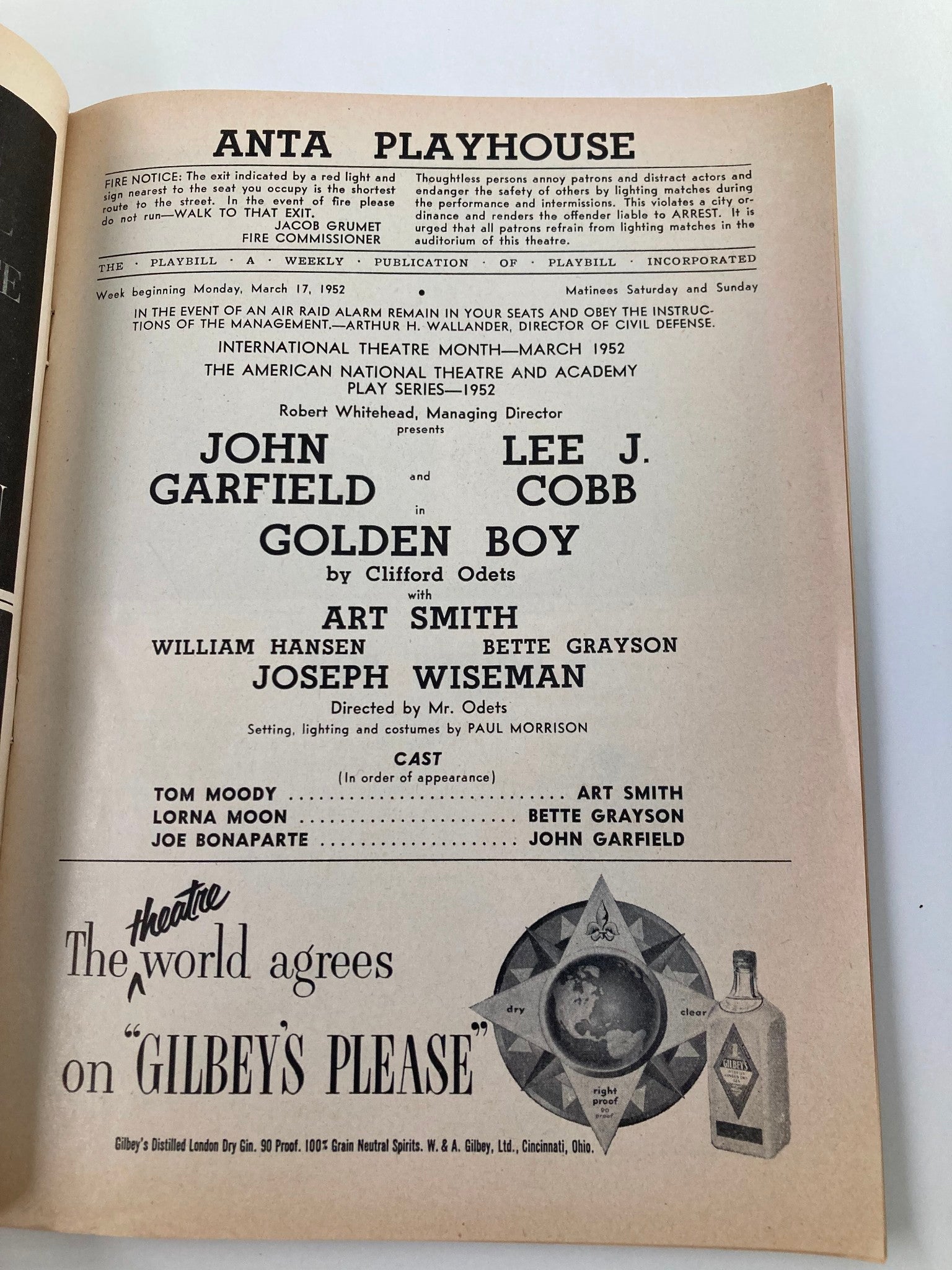 1952 Playbill Anta Playhouse John Garfield, Lee J. Cobb in Golden Boy