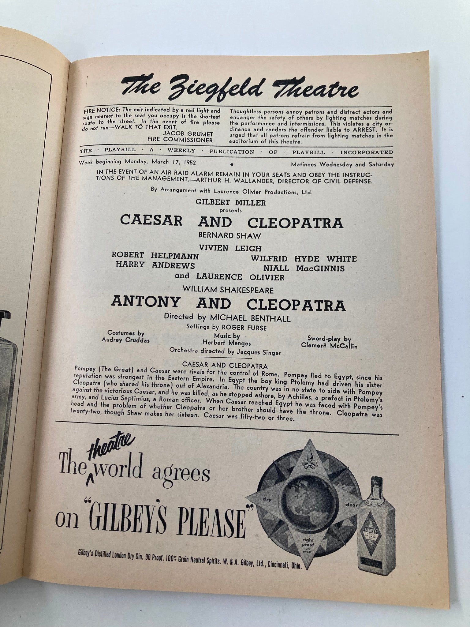 1952 Playbill Ziegfeld Theatre Wilfrid Hyde White in Caesar and Cleopatra