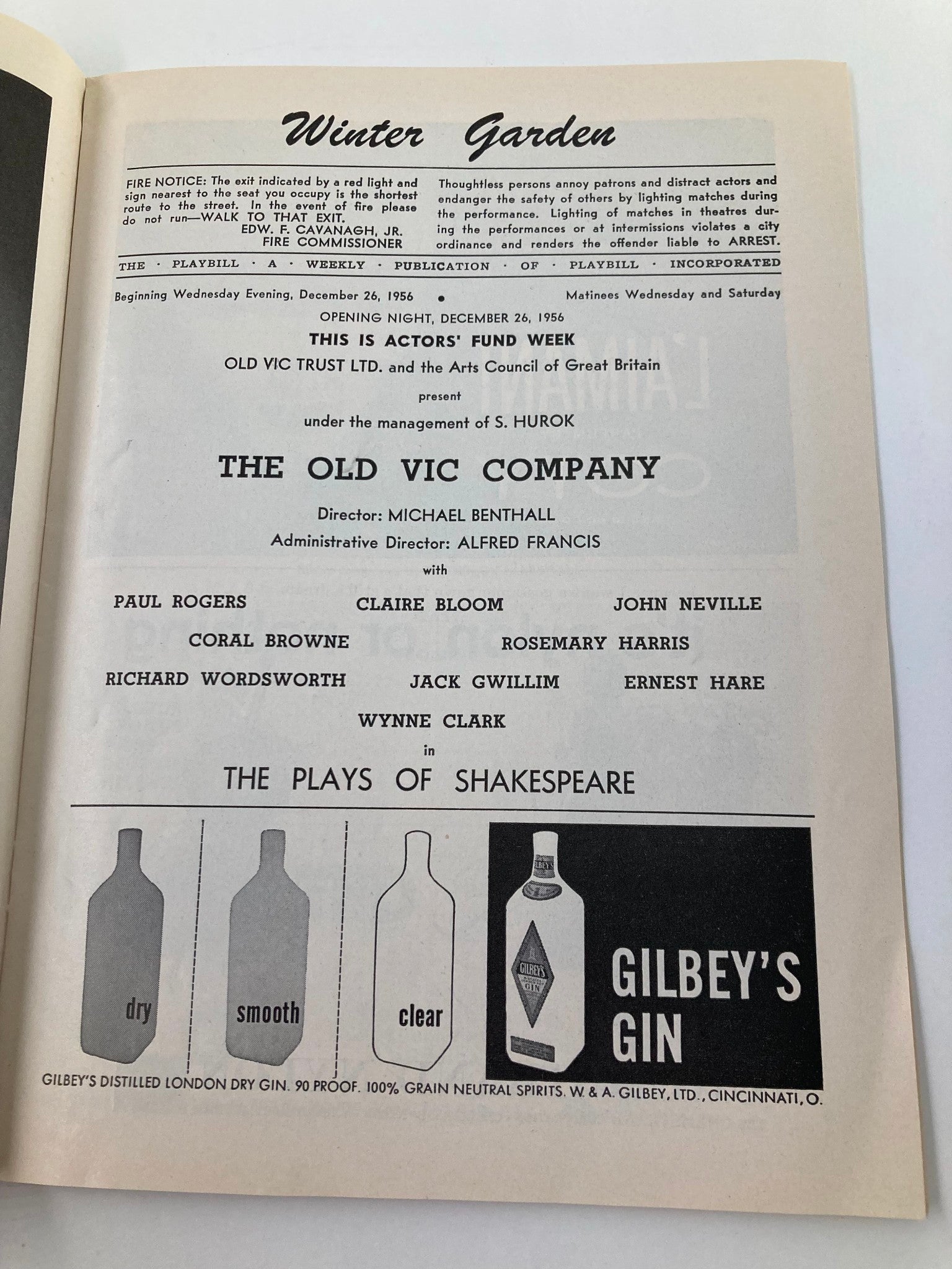 1956 Playbill Winter Garden Paul Rogers, Claire Bloom in The Old Vic Company