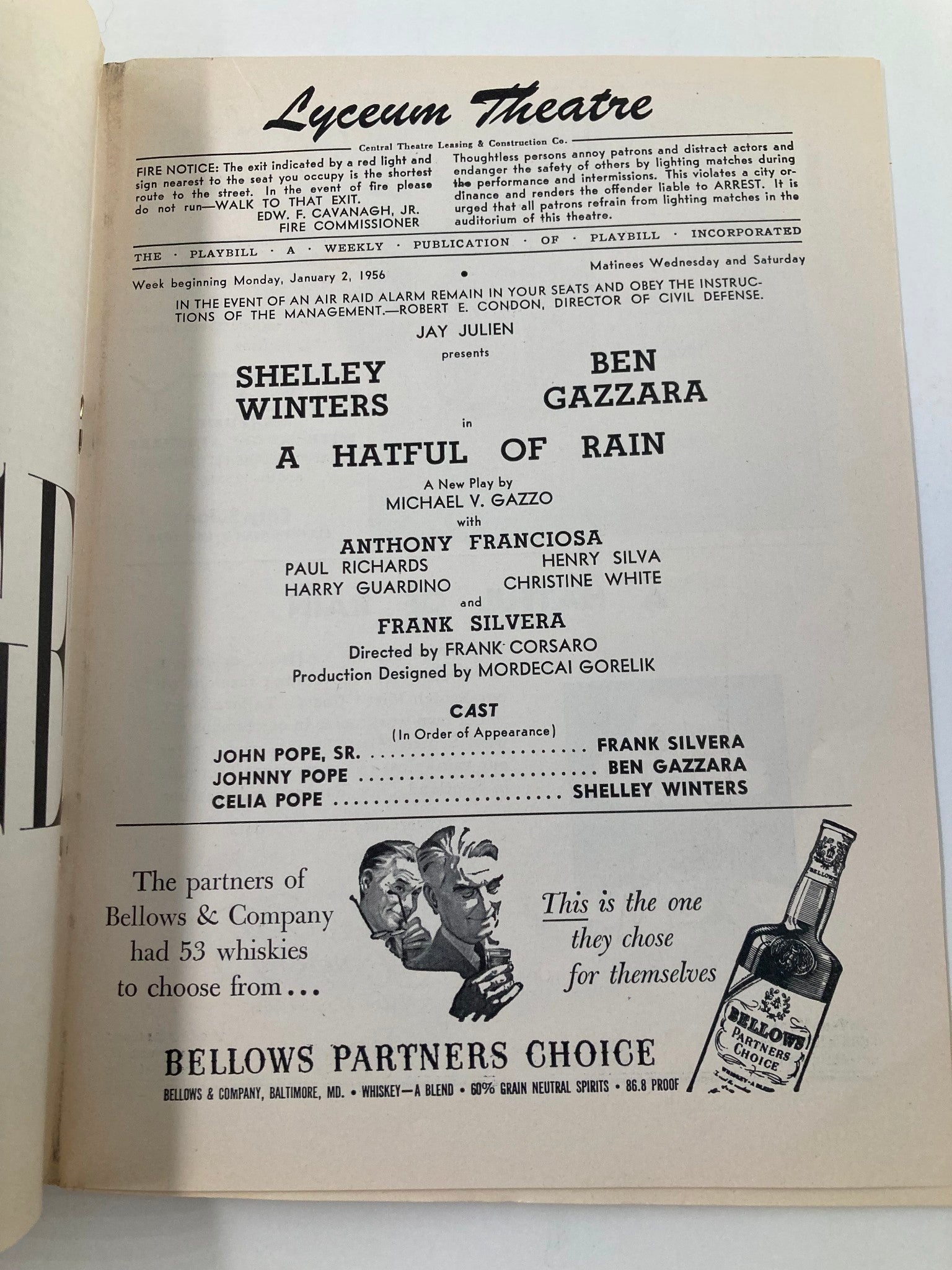 1956 Playbill Lyceum Theatre Shelley Winters, Ben Gazzara in A Hatful of Rain