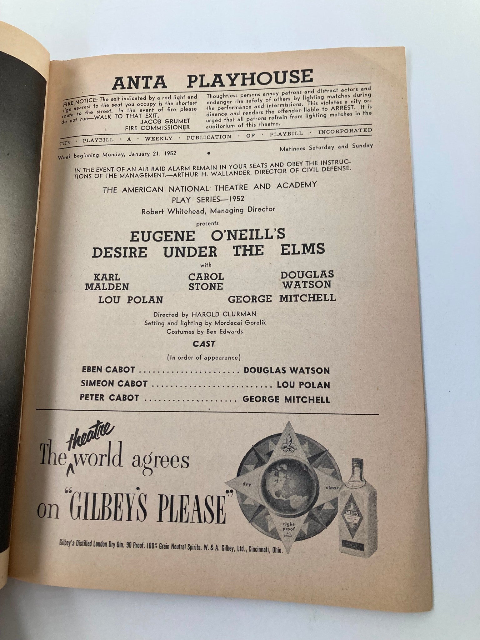 1952 Playbill Anta Playhouse Karl Malden, Carol Stone in Desire Under The Elms