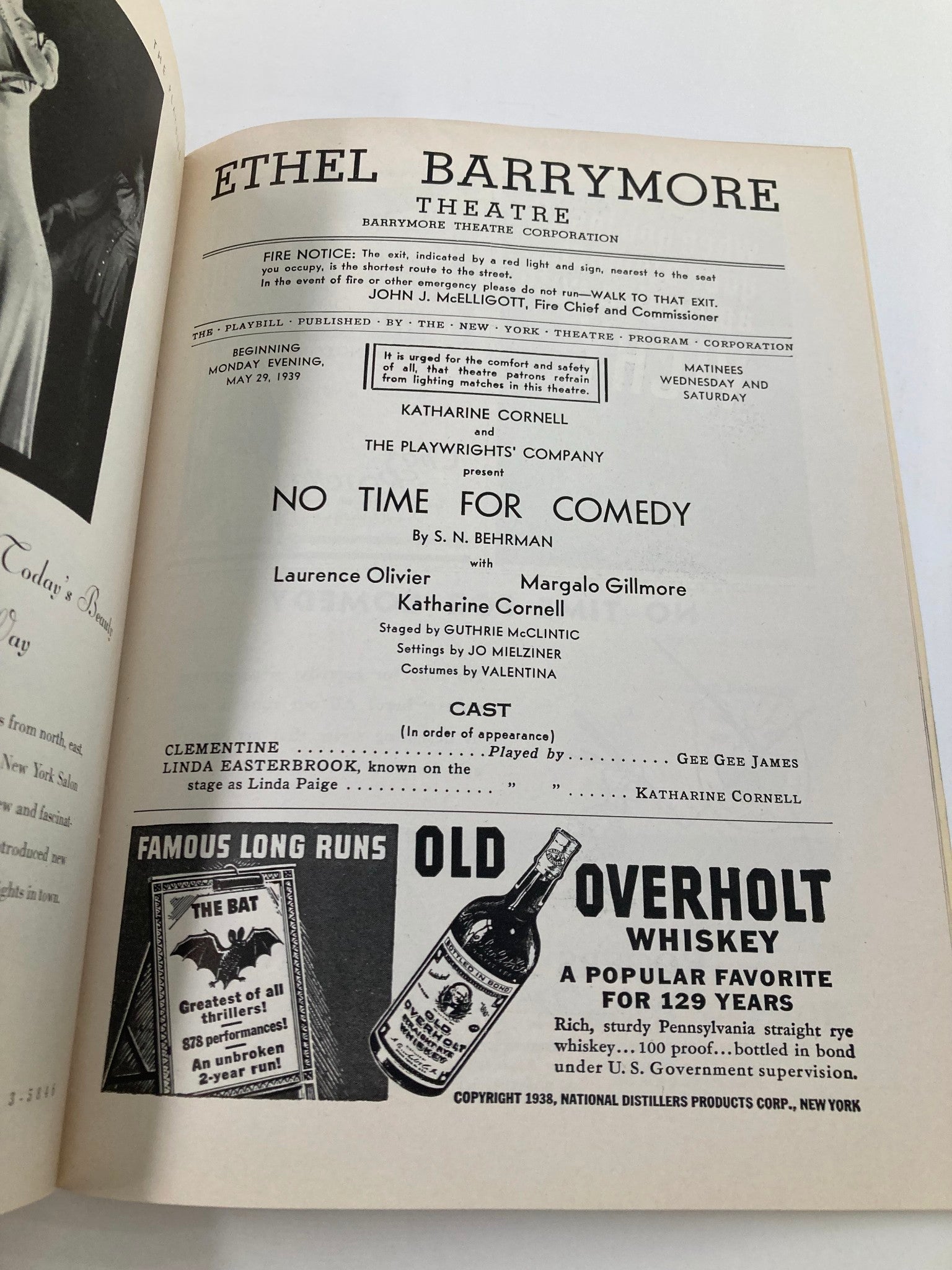 1939 Playbill Ethel Barrymore Theatre Laurence Olivier in No Time For Comedy