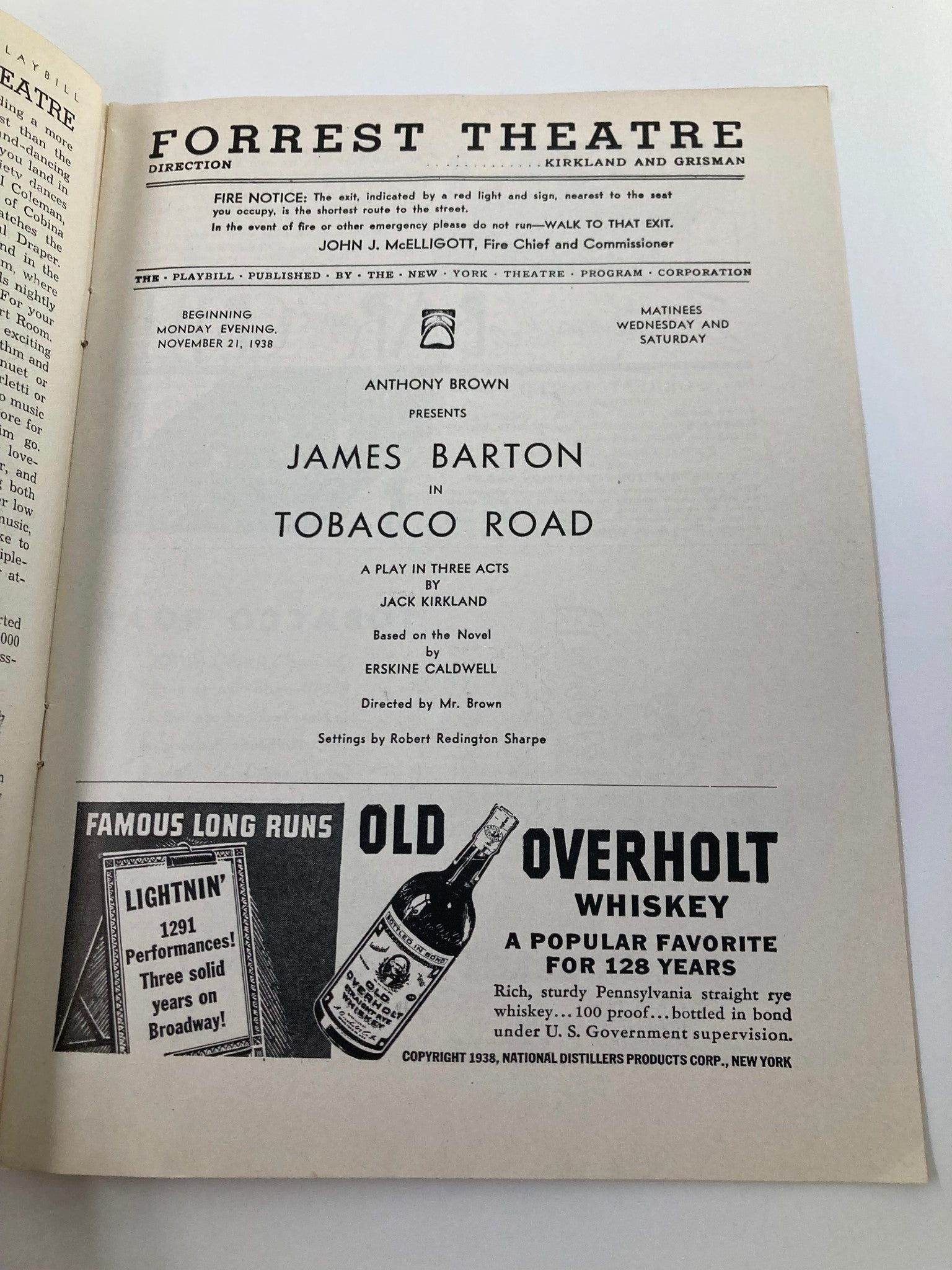 1938 Playbill Forrest Theatre James Barton in Tobacco Road