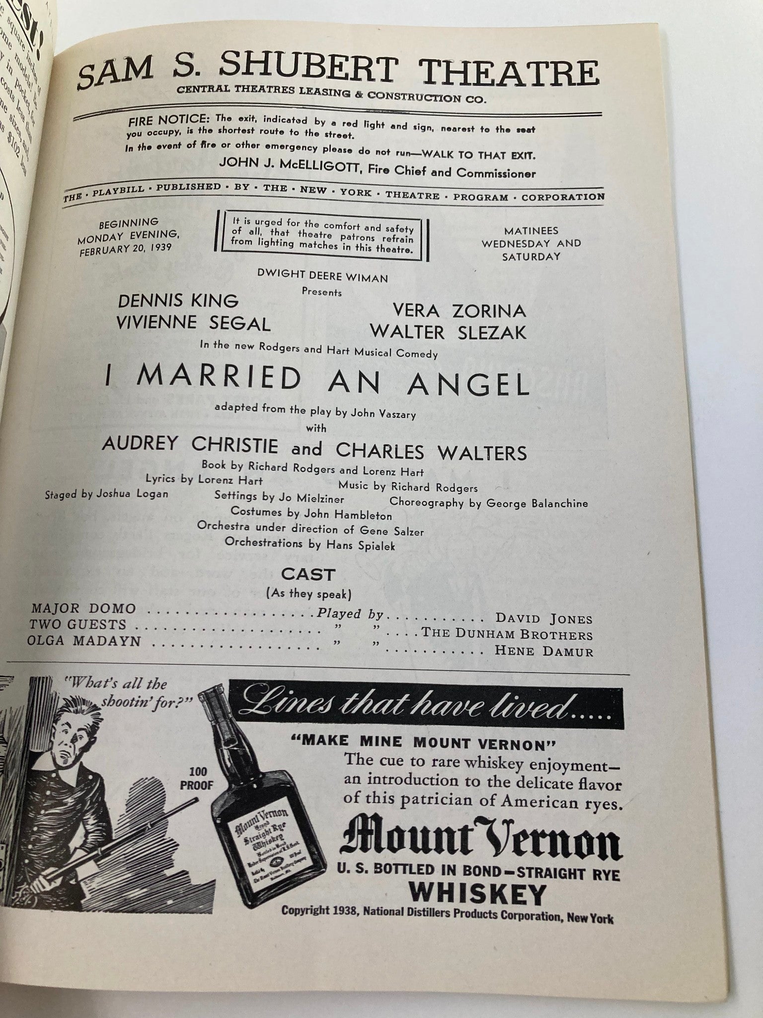 1939 Playbill Sam S. Shubert Theatre Dennis King in I Married An Angel