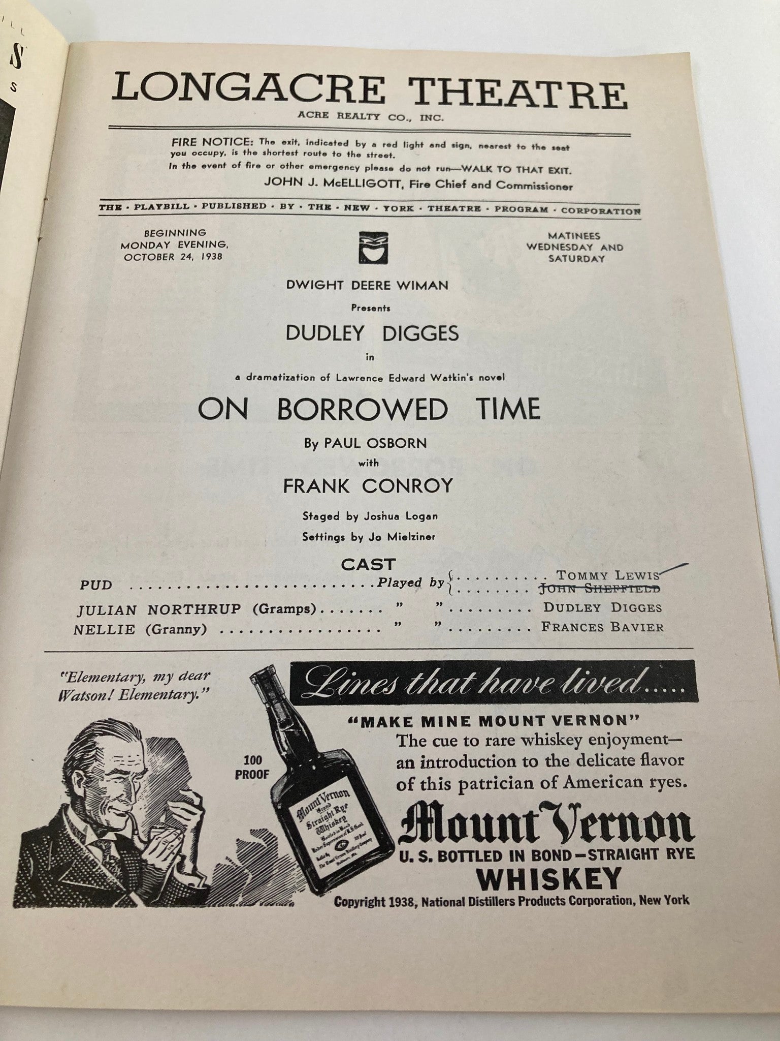 1938 Playbill Longacre Theatre Frank Conroy in On Borrowed Time