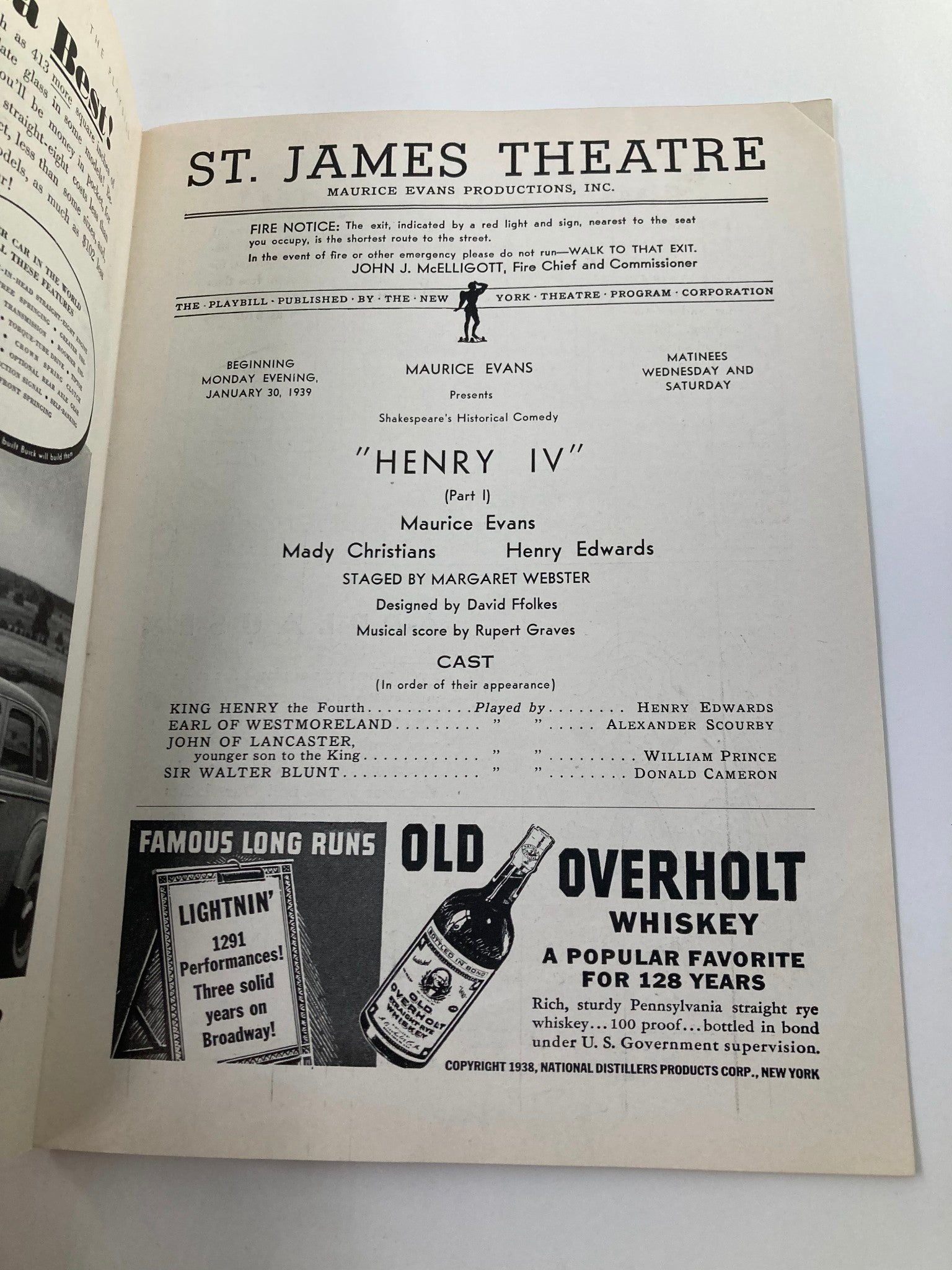 1939 Playbill St. James Theatre Maurice Evans, Mady Christians in Henry IV