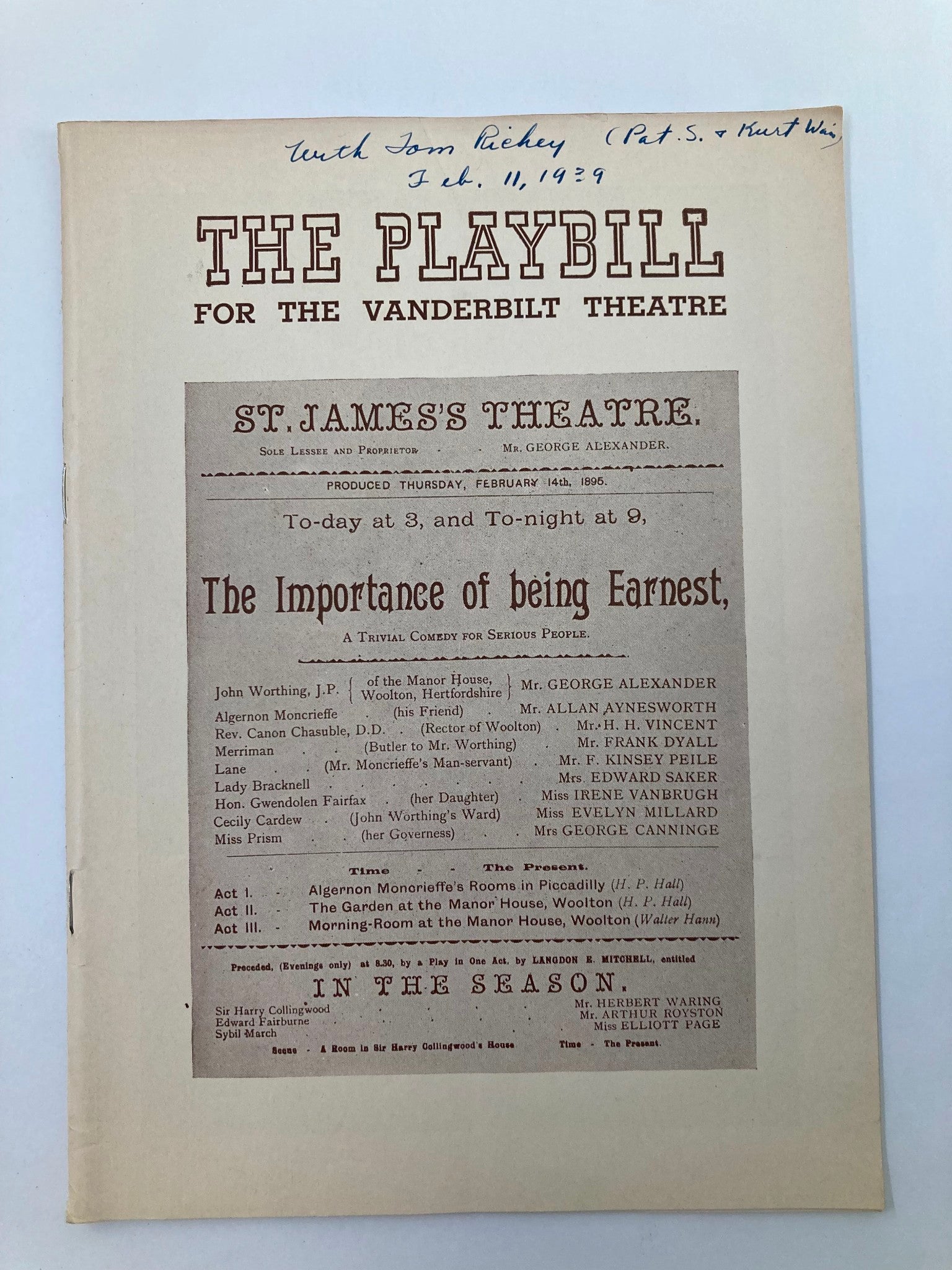 1939 Playbill Vanderbilt Theatre Clifton Webb in The Importance of Being Earnest