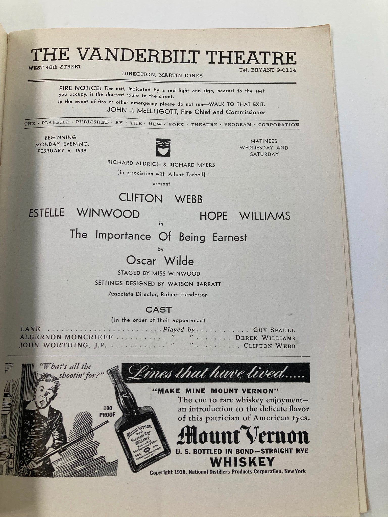 1939 Playbill Vanderbilt Theatre Clifton Webb in The Importance of Being Earnest