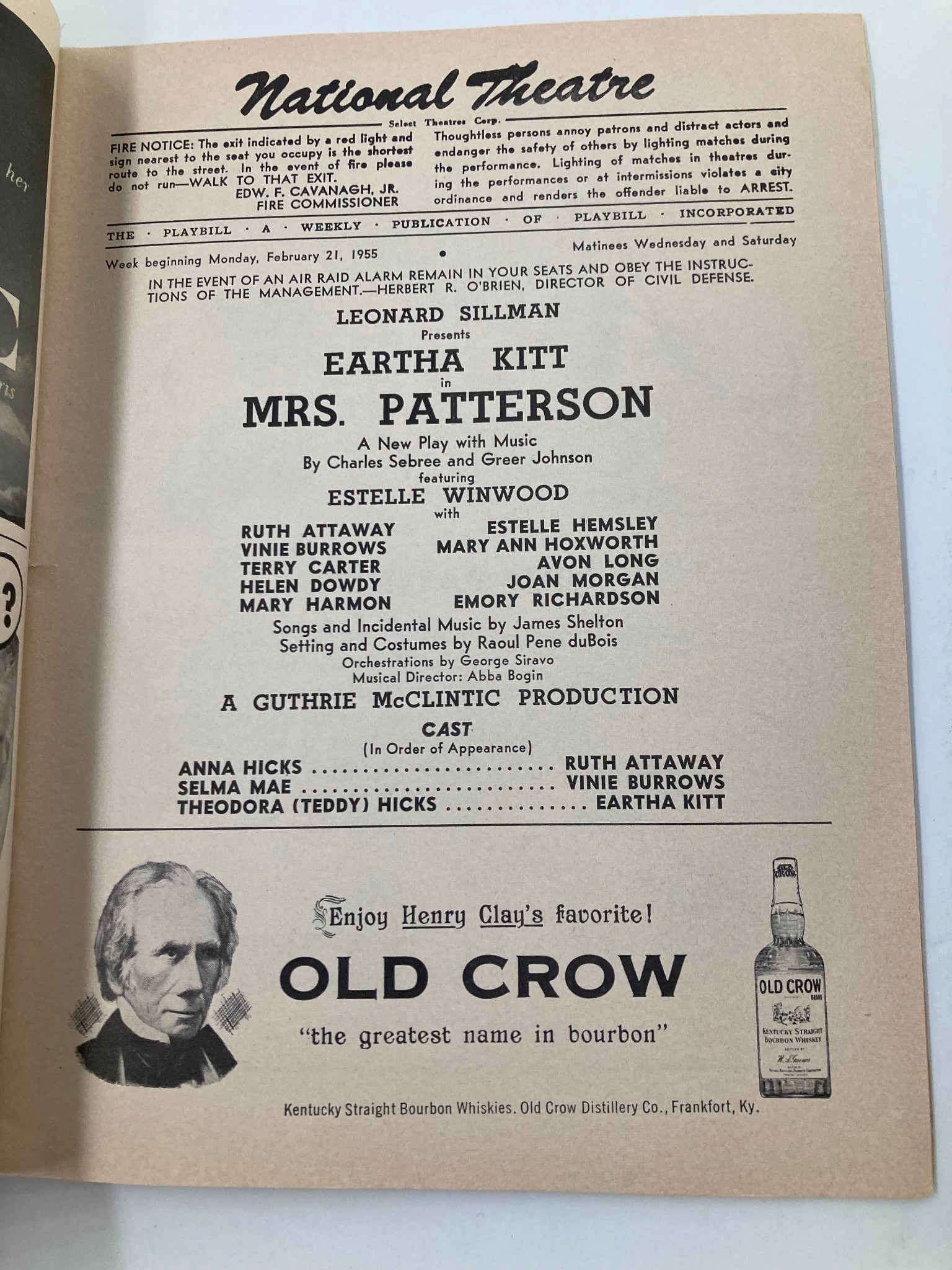 1955 Playbill National Theatre Eartha Kitt, Estelle Winwood in Mrs. Patterson