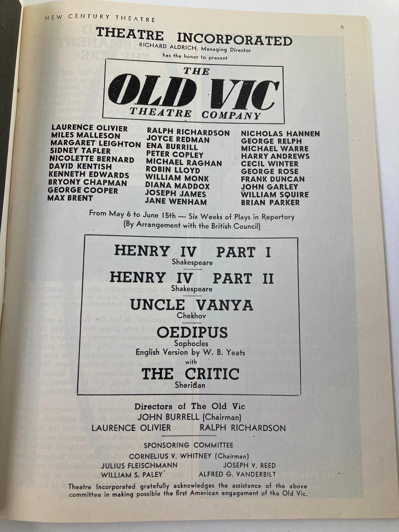 1946 Playbill New Century Theatre The Old Vic Company in Henry IV Part I