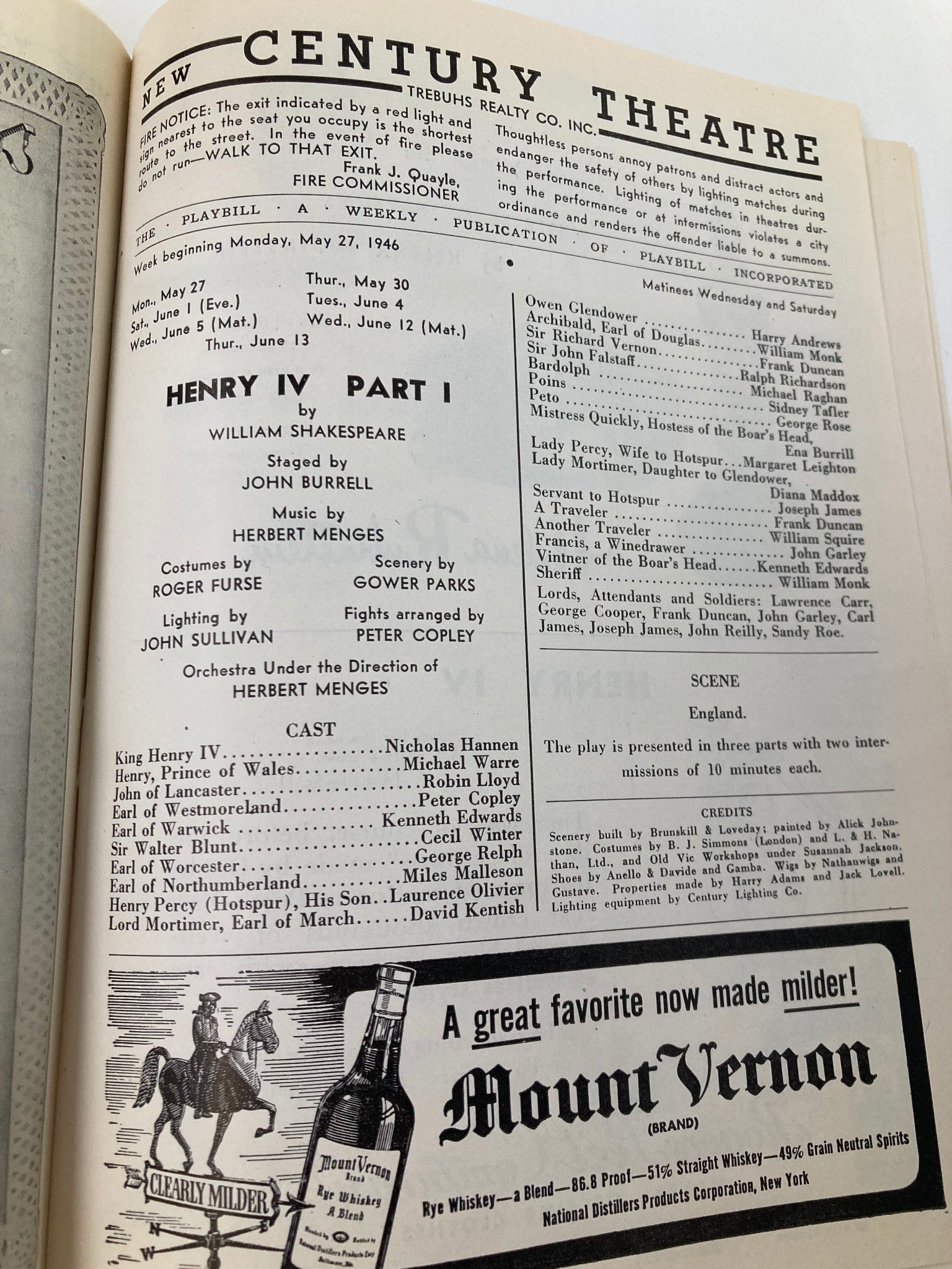 1946 Playbill New Century Theatre The Old Vic Company in Henry IV Part I