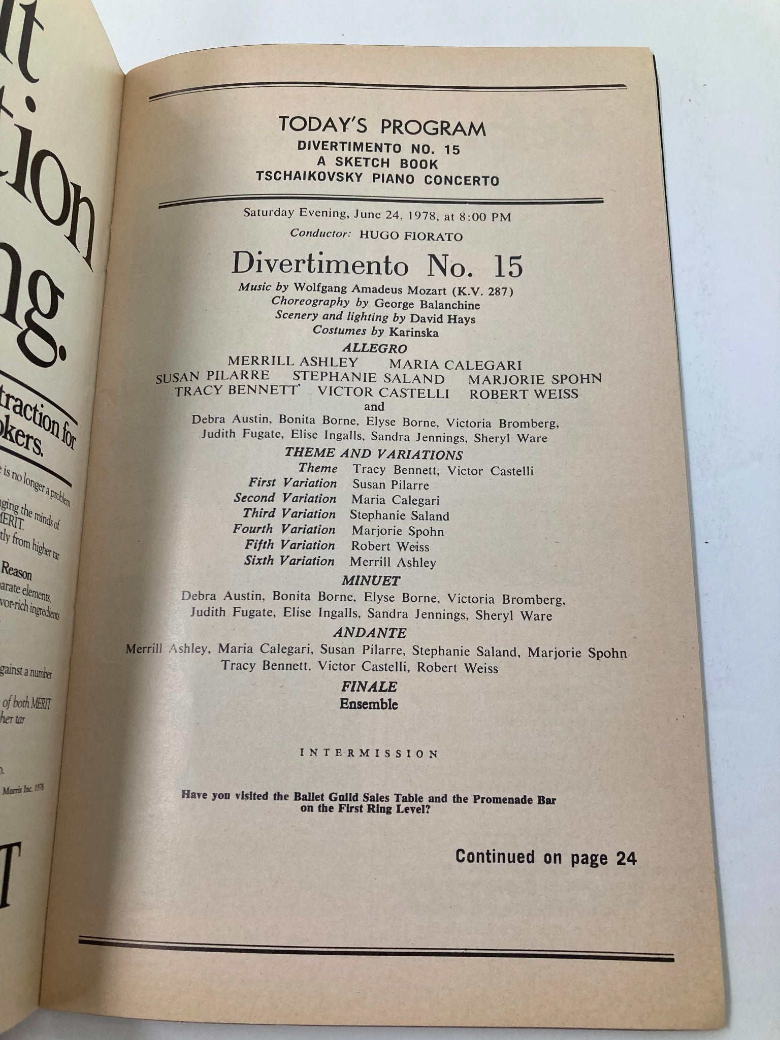 1978 Program New York State Theatre Divertimento No. 15 Ballet