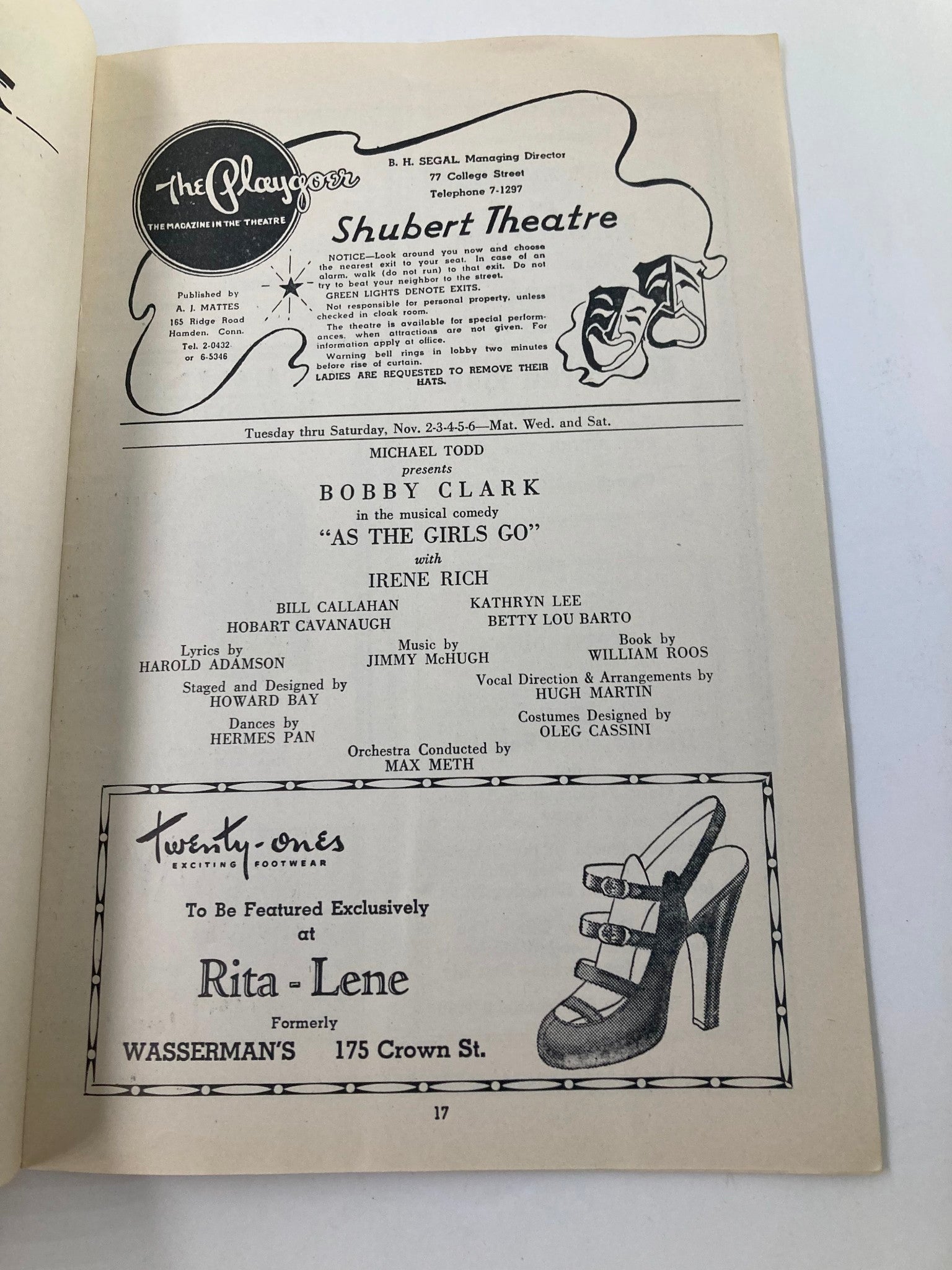 1948-1949 The Playgoer Shubert Theatre Bobby Clark in As The Girls Go