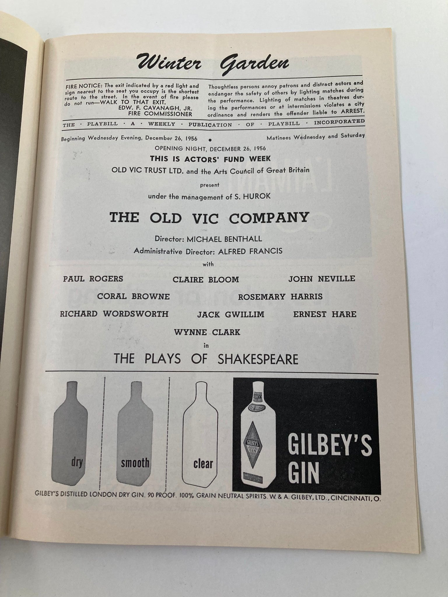 1956 Playbill Winter Garden The Old Vic Company in The Plays of Shakespeare