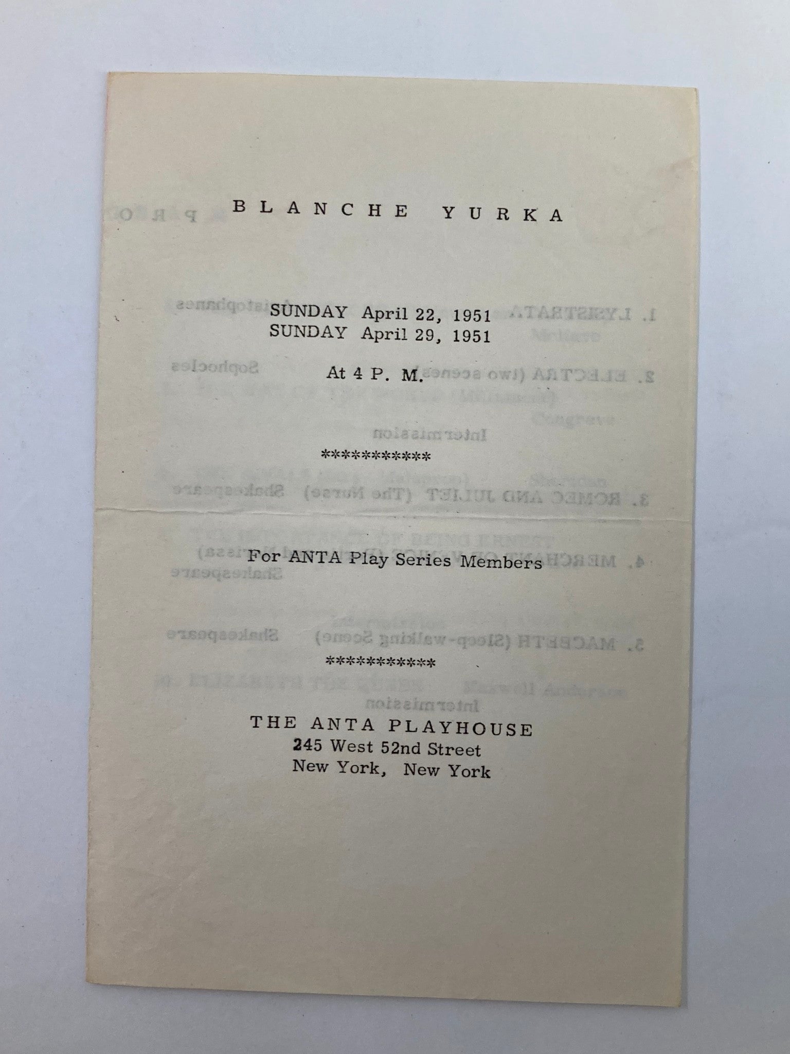 1951 Program The Anta Playhouse Blanche Yurka 'Elizabeth The Queen'