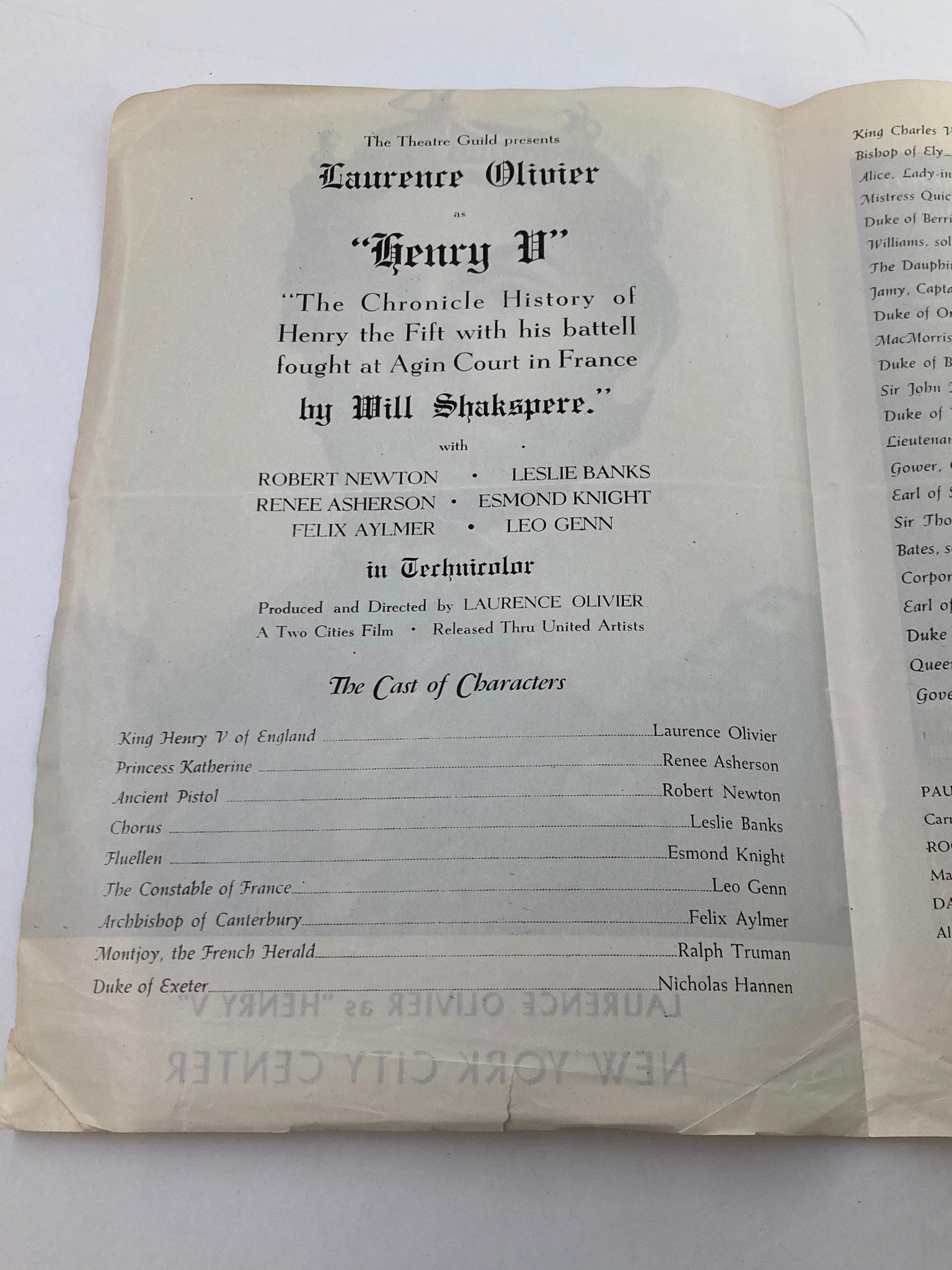 1947 Program New York City Center Laurence Oliver in Henry V by Will Shakespeare