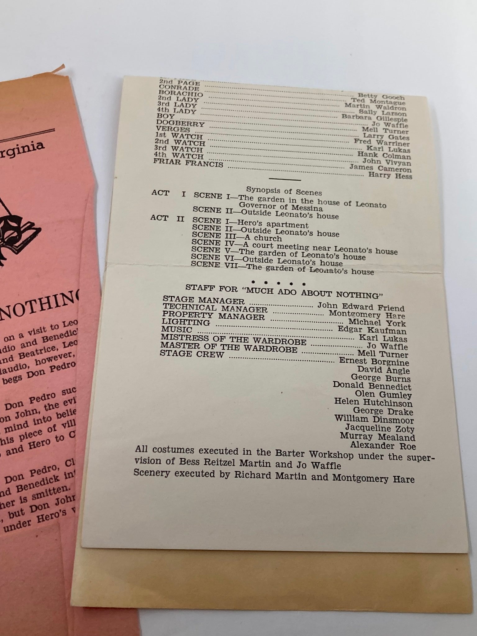 Back of the 1946 Program from the Barter Theater of Virginia including scene synopsis and production team for Much Ado About Nothing.