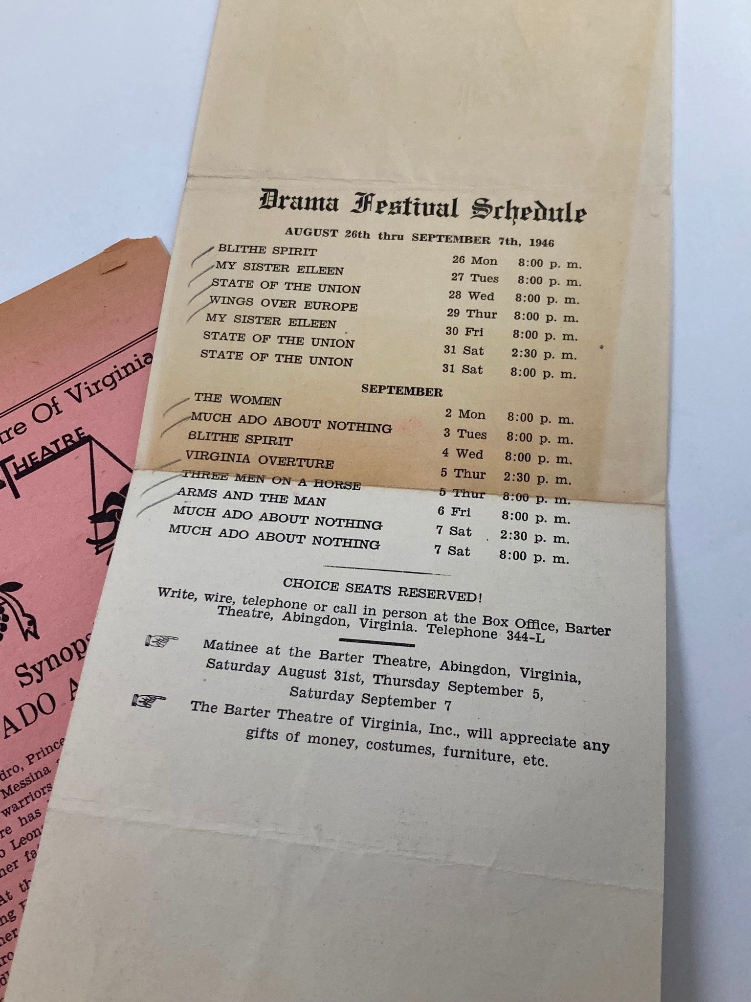 Drama festival schedule for the 1946 Barter Theater of Virginia program displaying performance dates including Much Ado About Nothing.