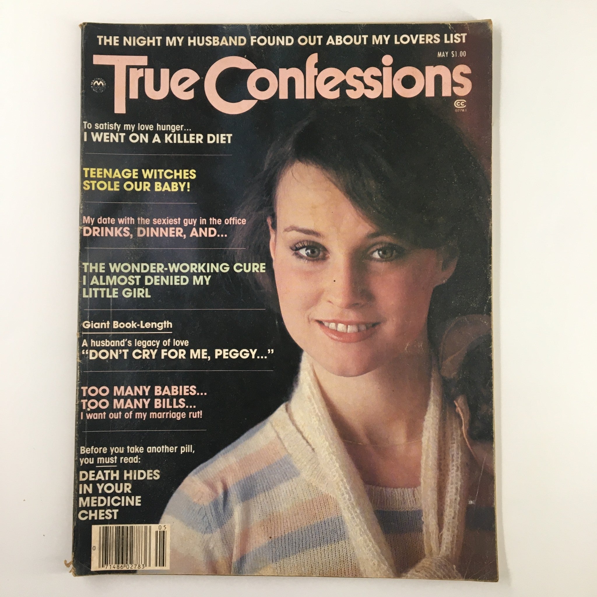 Cover of True Confessions Magazine from May 1980 featuring the cover story 'Teenage Witches Stole Our Baby'. The magazine showcases a smiling woman with dark hair, highlighting several intriguing headlines related to love and relationships.