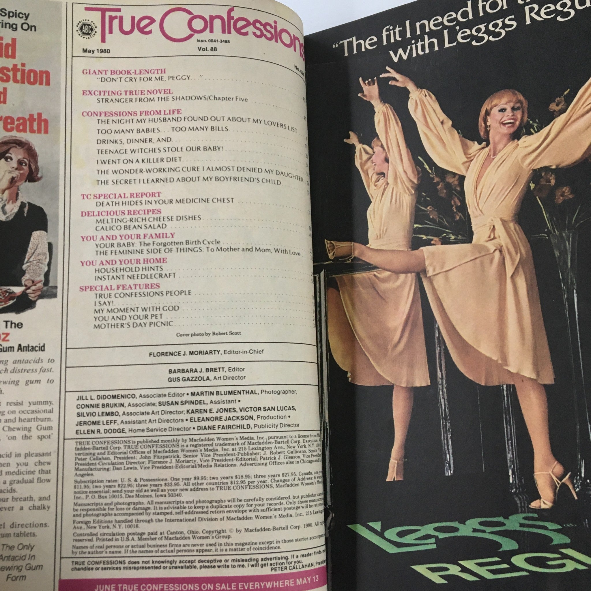 Inside page of True Confessions Magazine May 1980, displaying the table of contents. It includes articles like 'Giant Book-Length - Don’t Cry for Me, Peggy' and 'Teenage Witches Stole Our Baby'. The page features colorful graphics and advertisements.