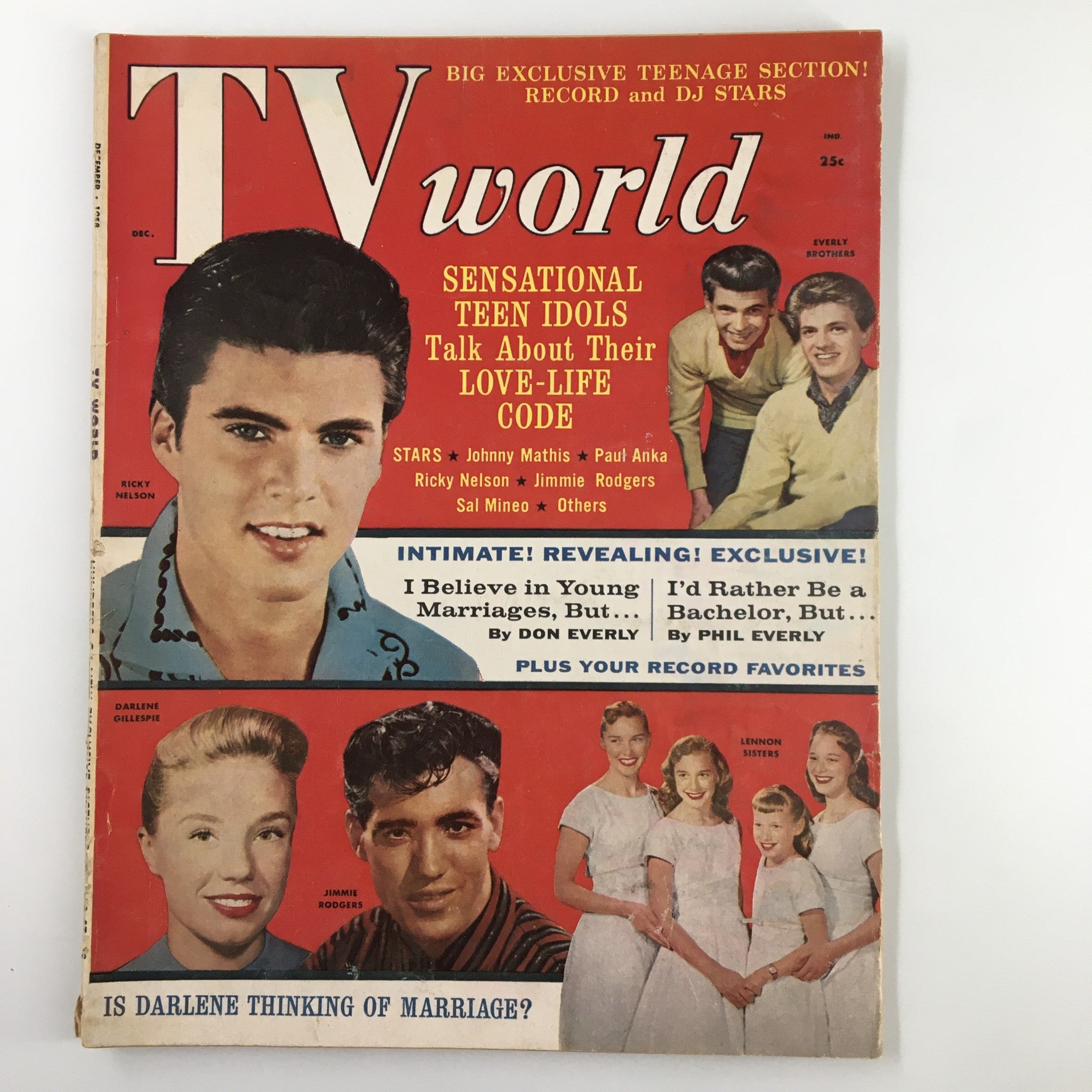 VTG TV World Magazine December 1958 Ricky Nelson, Darlene Gillespie No Label