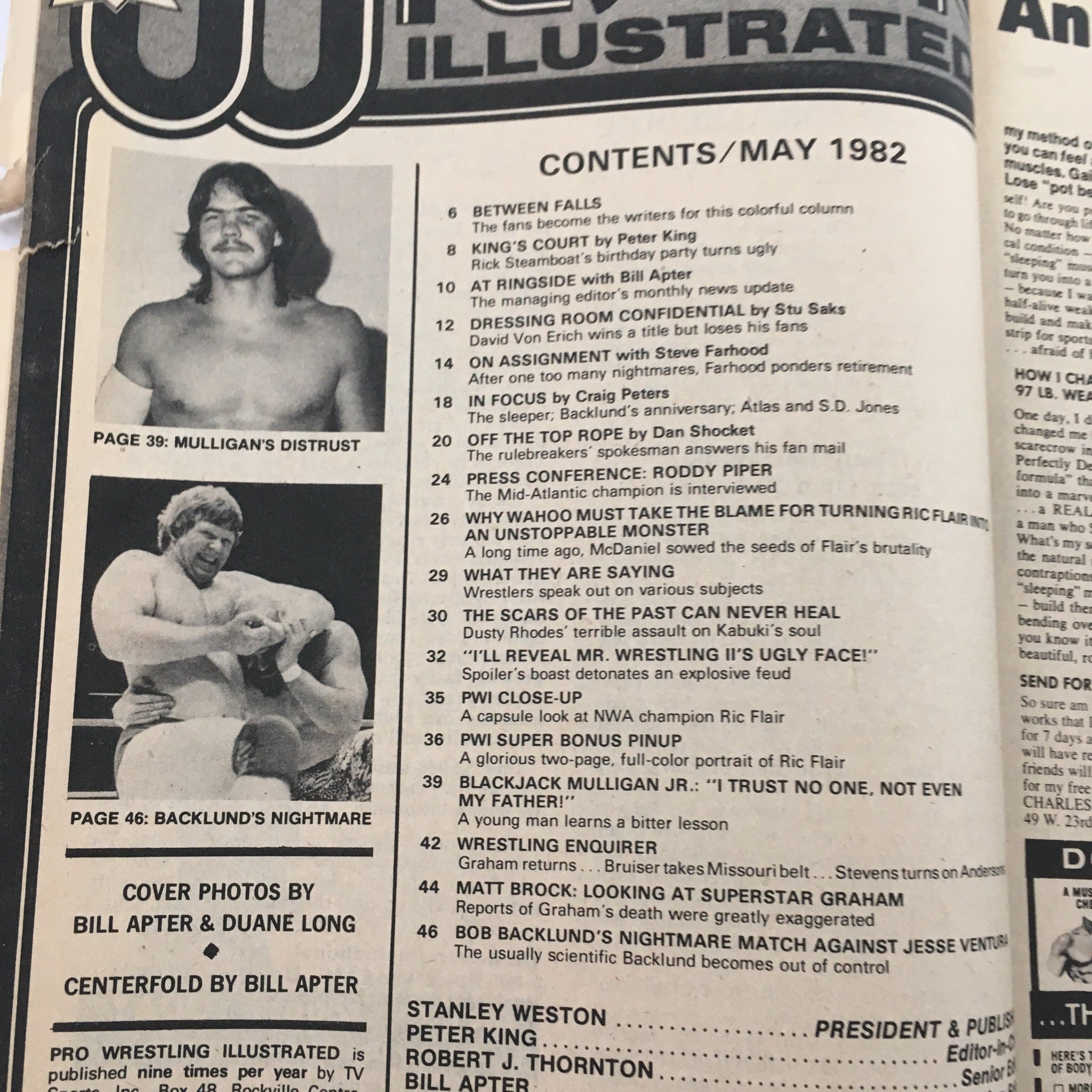 Contents page of Pro Wrestling Illustrated Magazine May 1982 showcasing articles and topics including Bob Buckland's nightmare match against Jesse Ventura.
