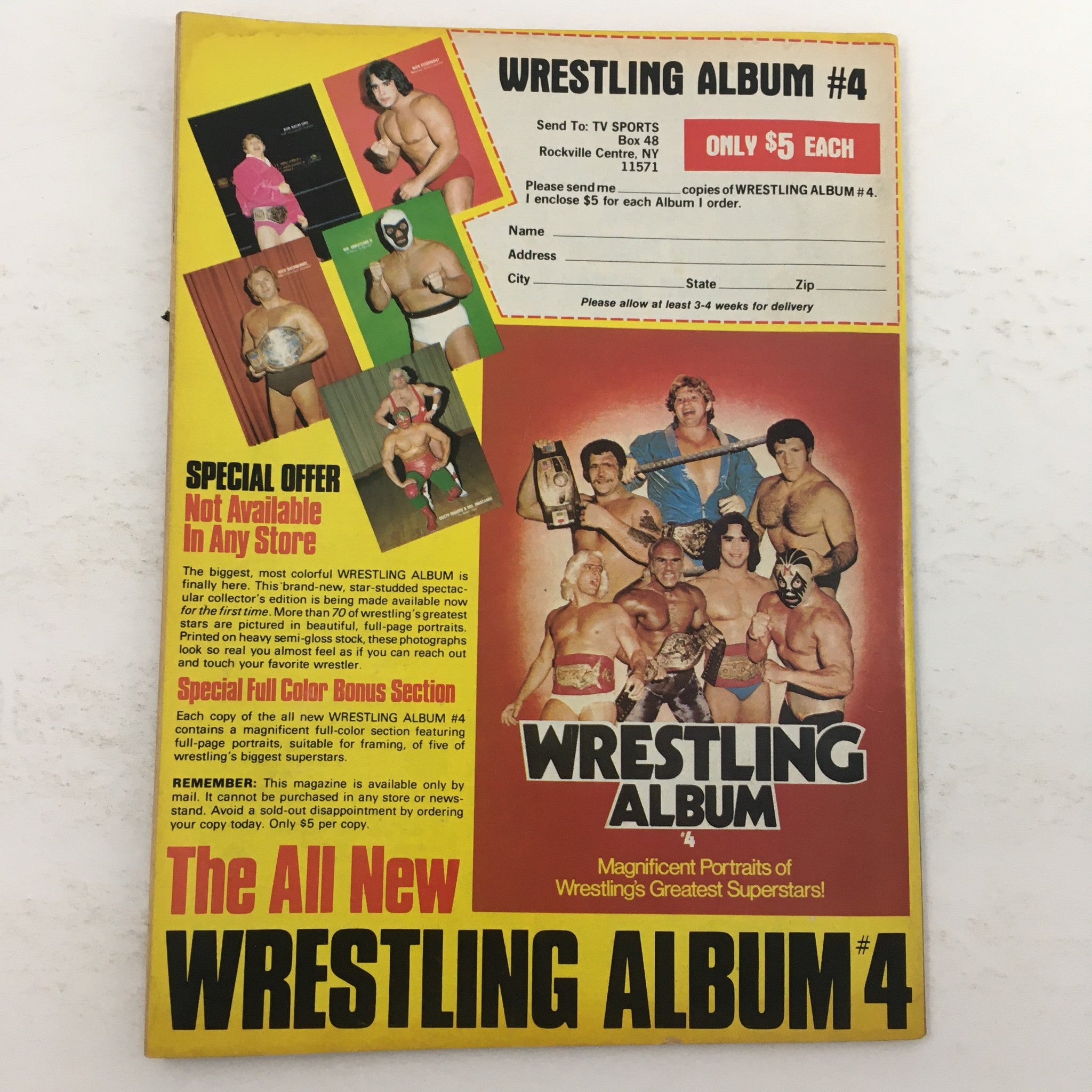 Back cover of Pro Wrestling Illustrated Magazine May 1982 promoting Wrestling Album #4, featuring famous wrestlers and special offers.