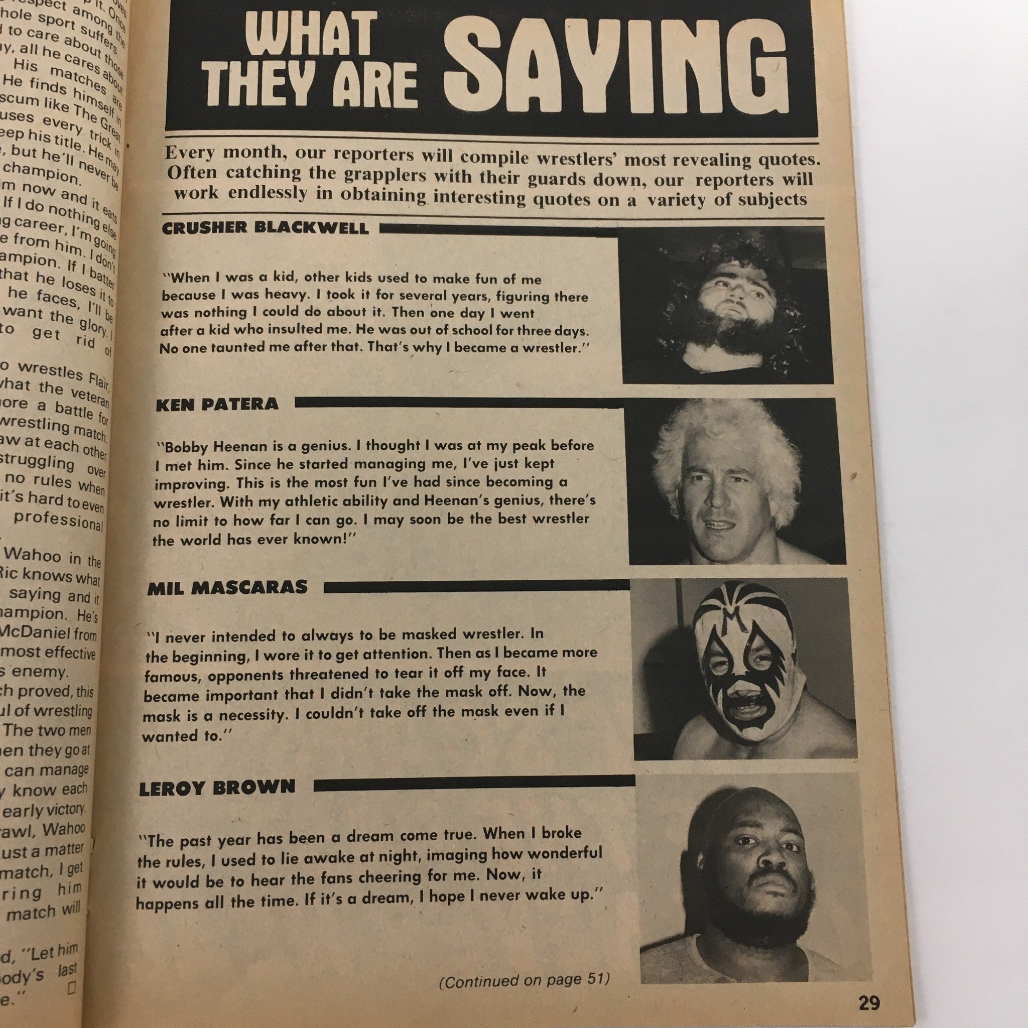 Inside page of Pro Wrestling Illustrated Magazine May 1982 with quotes from wrestlers including quotes relevant to their careers, reflecting the wrestling culture of the era.