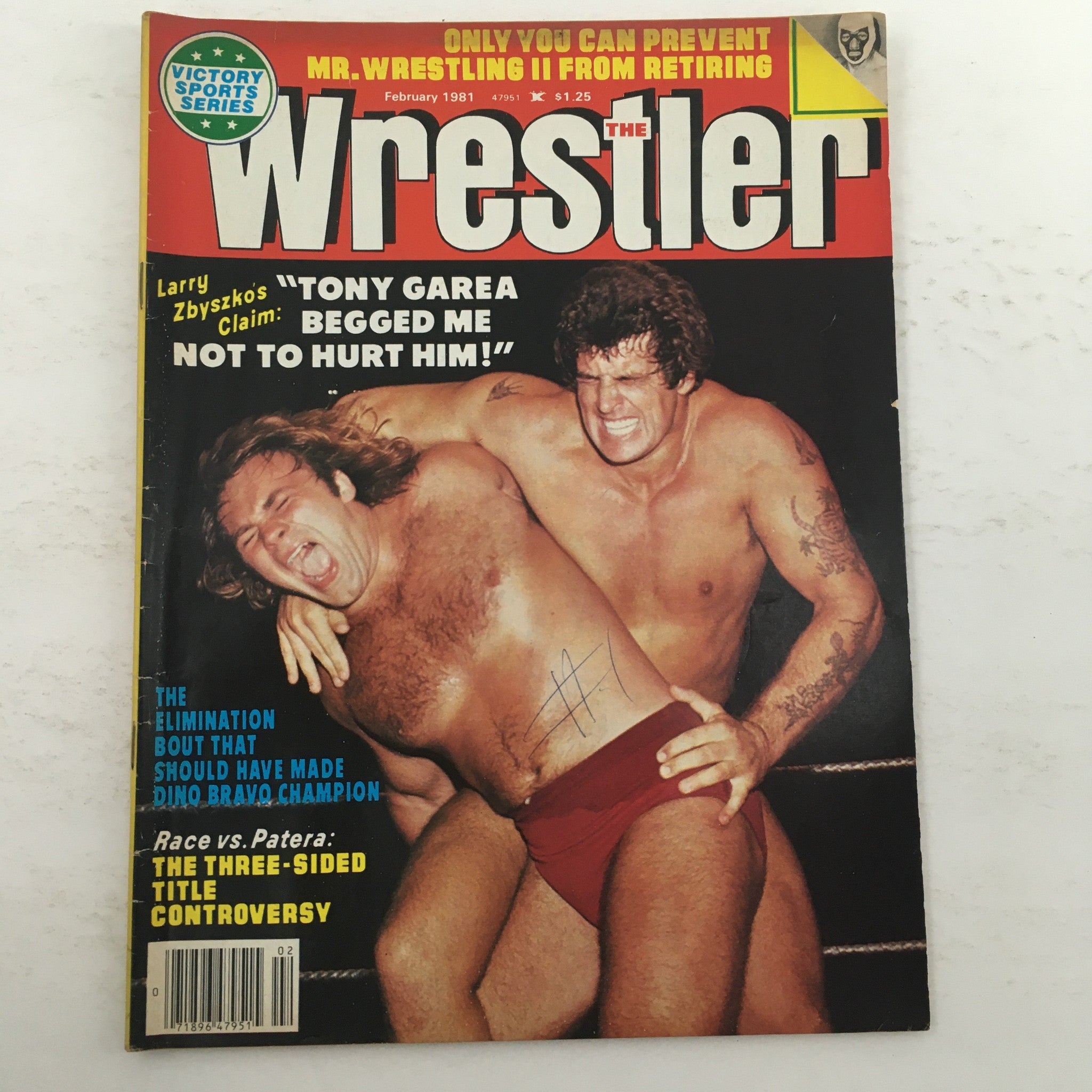 Cover of The Wrestler Magazine February 1981 featuring Harley Race vs Ken Patera title controversy, with two wrestlers in action.