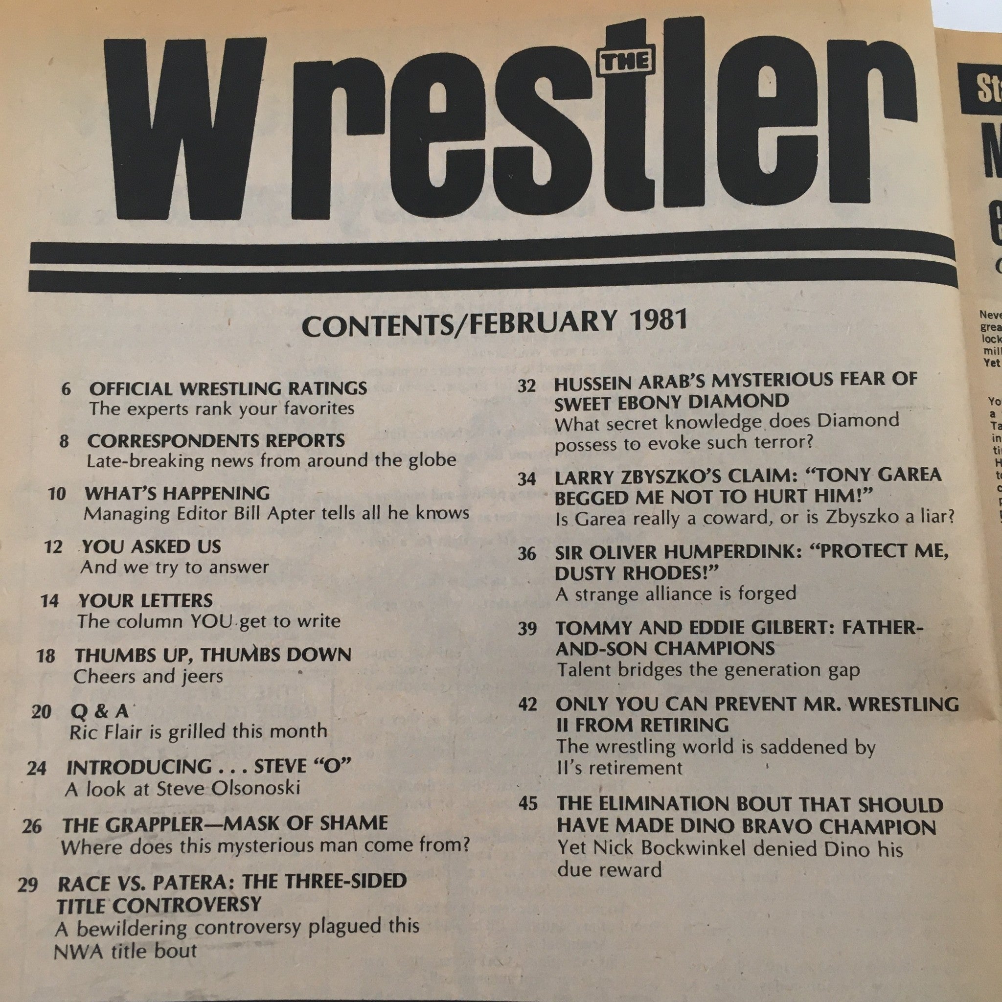 Contents page of The Wrestler Magazine February 1981, detailing articles such as Race vs Patera: The Three-Sided Title Controversy.