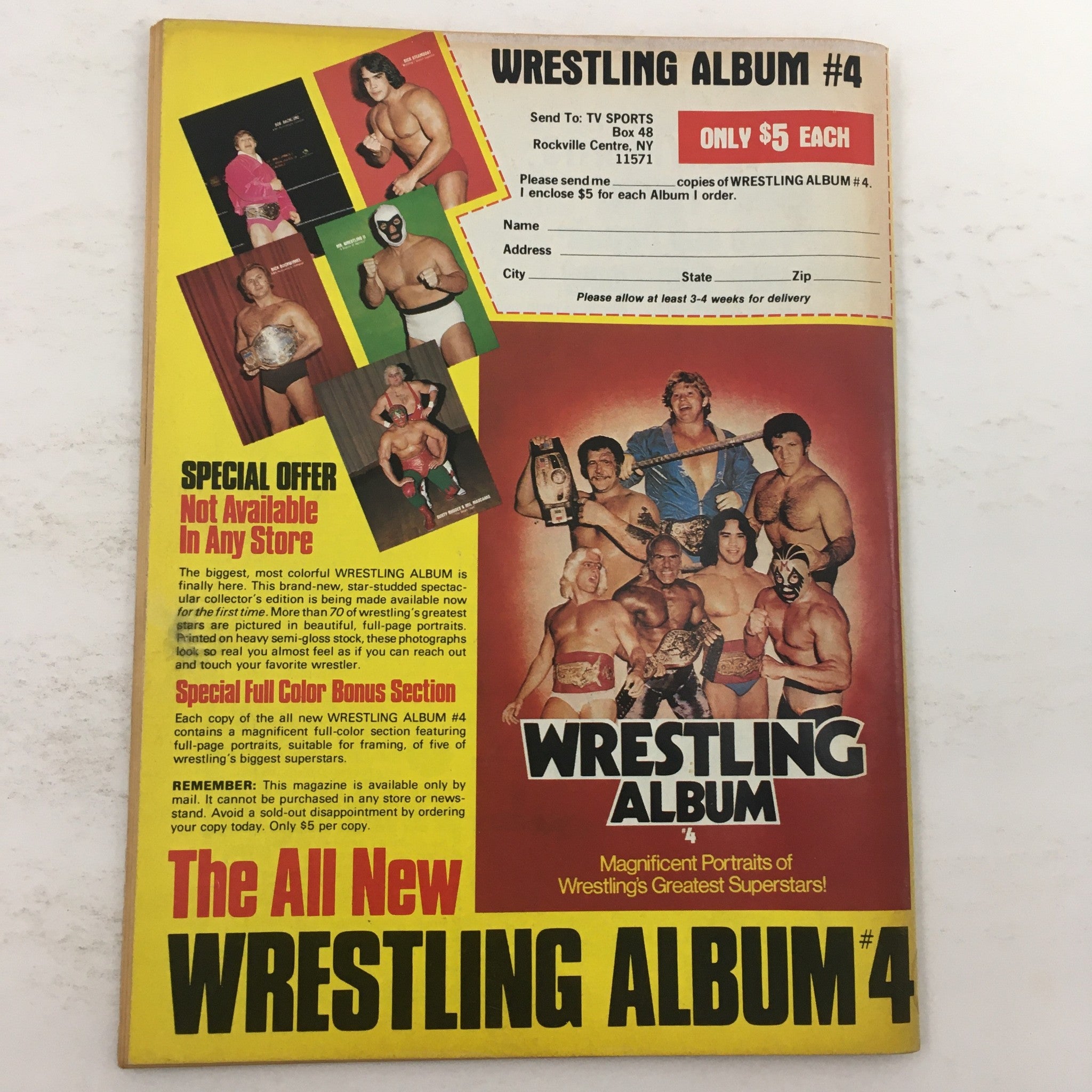 Back cover of The Wrestler Magazine February 1981 showcasing Wrestling Album #4 announcement with images of wrestling superstars.