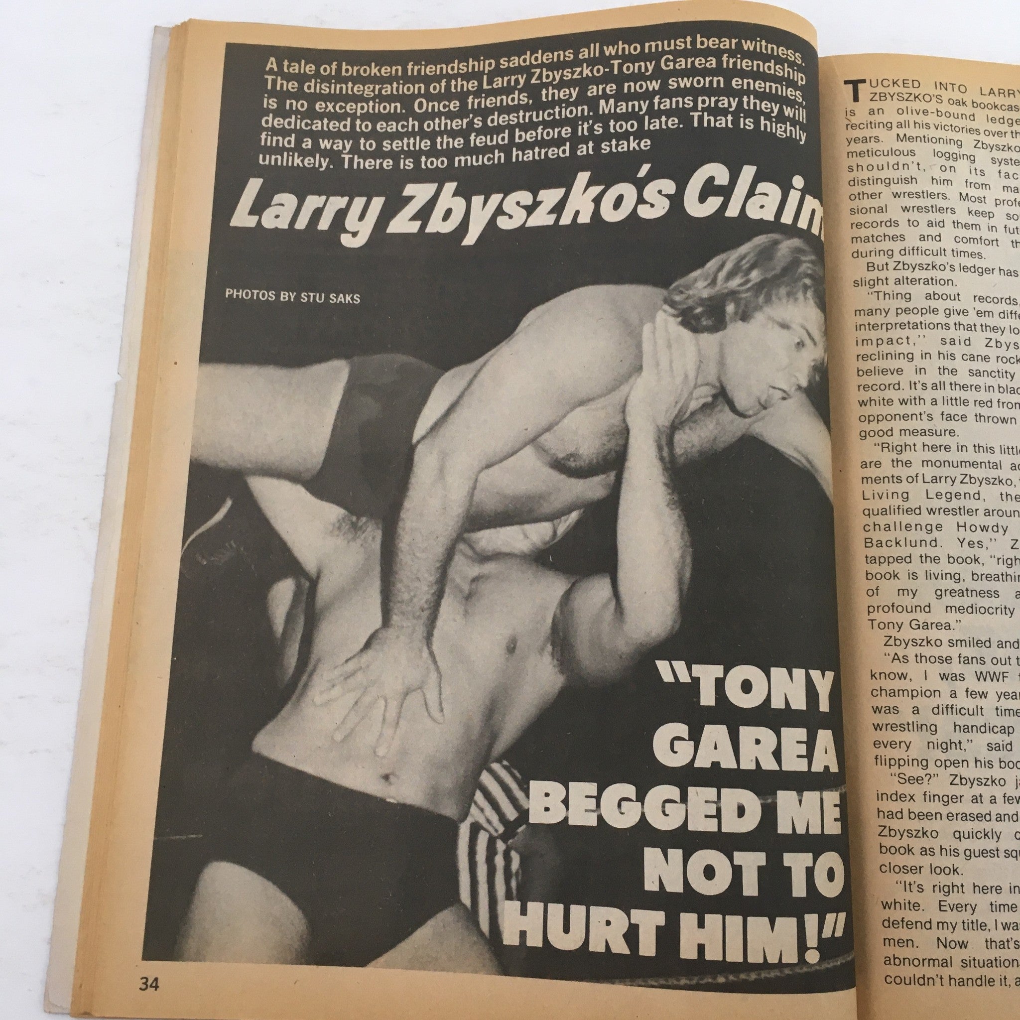 An article page from The Wrestler Magazine February 1981 discussing Larry Zbyszko's claim, along with a dramatic wrestling photo.