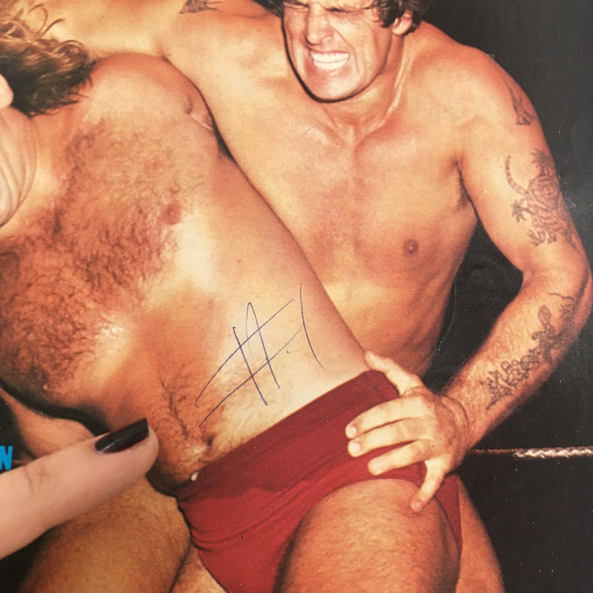 Image from The Wrestler Magazine February 1981 showing a wrestling match moment between two competitors, highlighting the intense action related to the Harley Race vs Ken Patera title controversy.